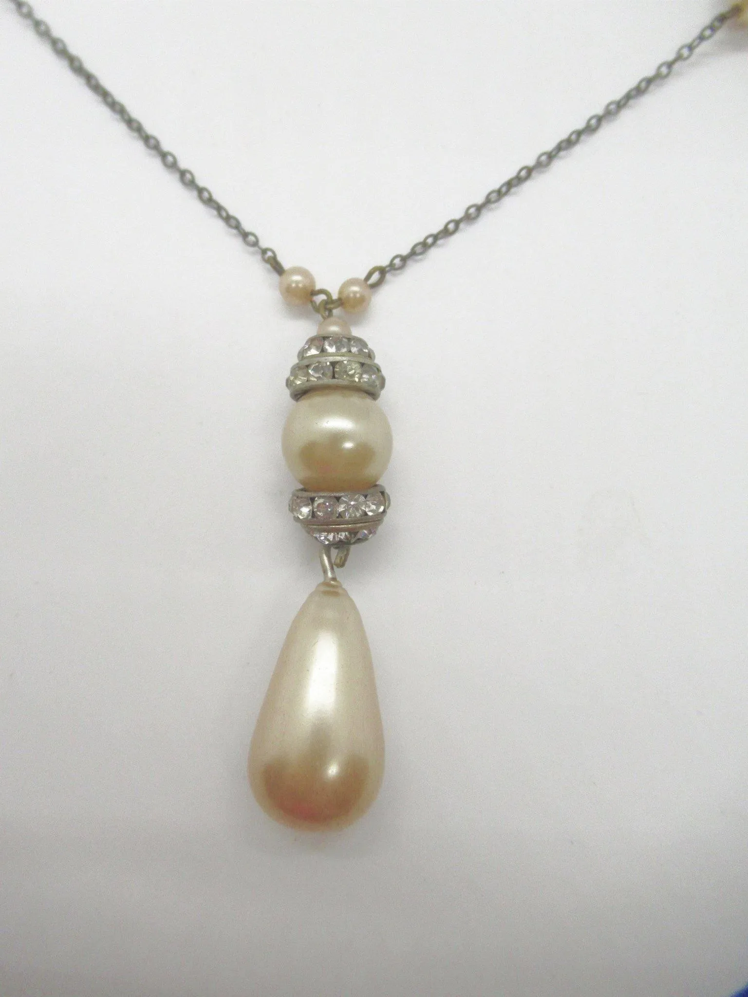 Estate Faux Pearl And Crystal Art Deco Style Drop Necklace