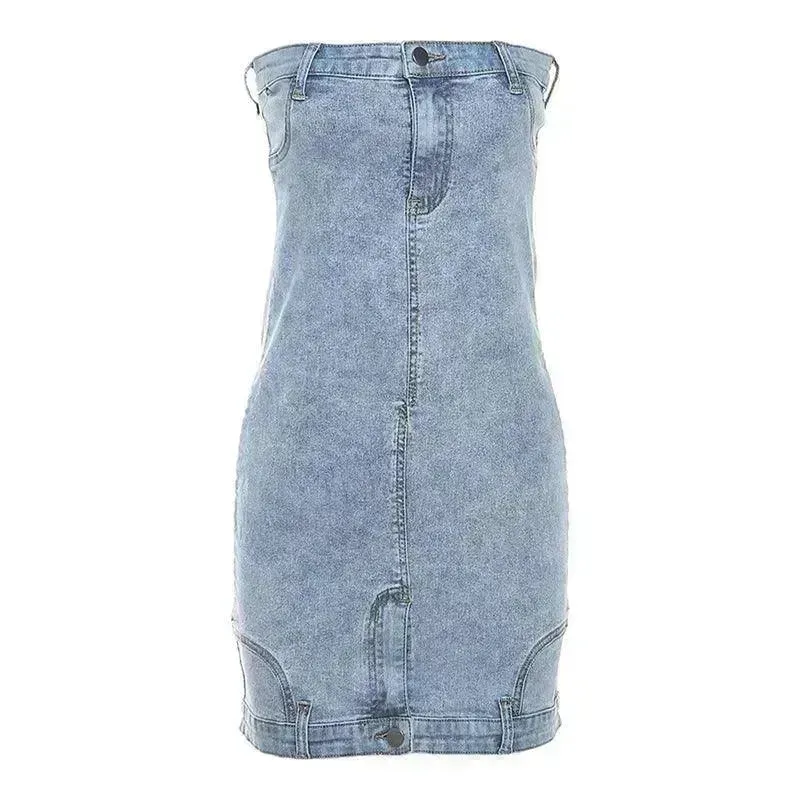 European And American Style Denim Tube Top Cinched Waist Slim And Charming Hip Bag Dress