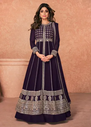 Georgette Embroidered Stunning Purple Long Anarkali Gown