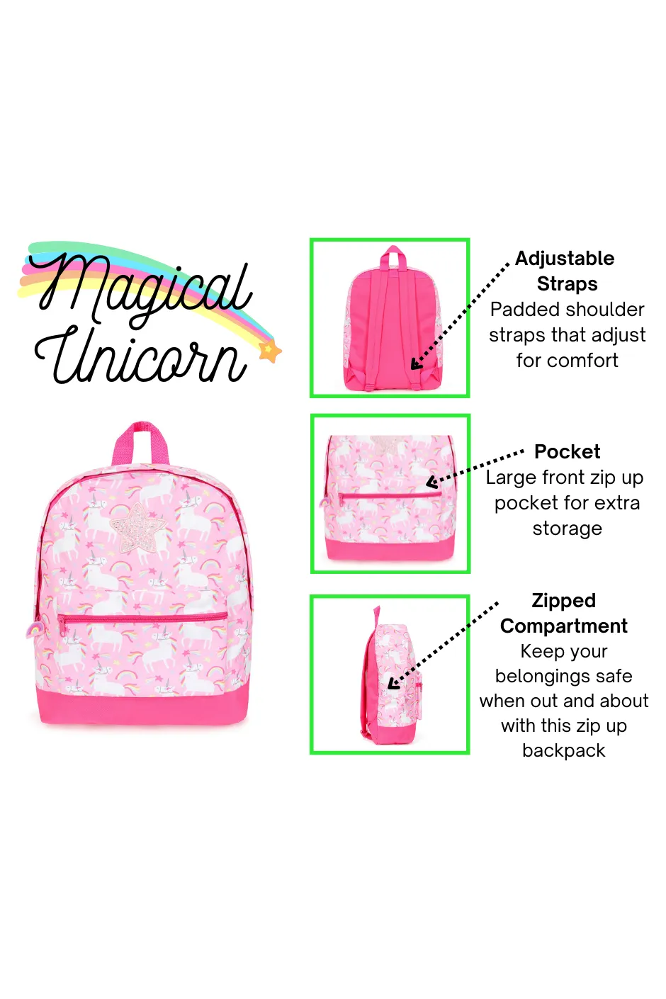 Girls Unicorn Star Pink 2 Piece Set Backpack & Lunch Bag