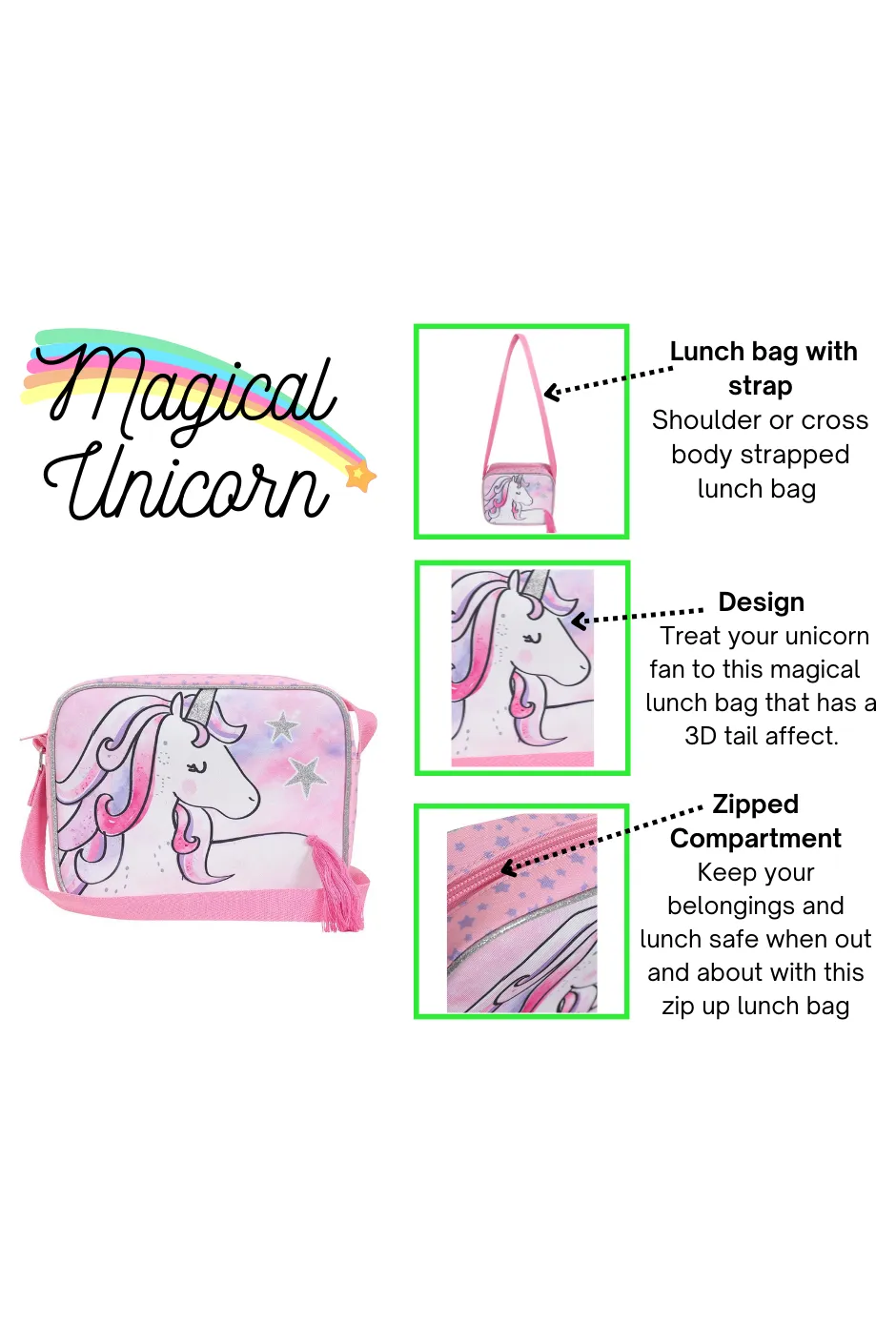 Girls Unicorn Star Pink 2 Piece Set Backpack & Lunch Bag