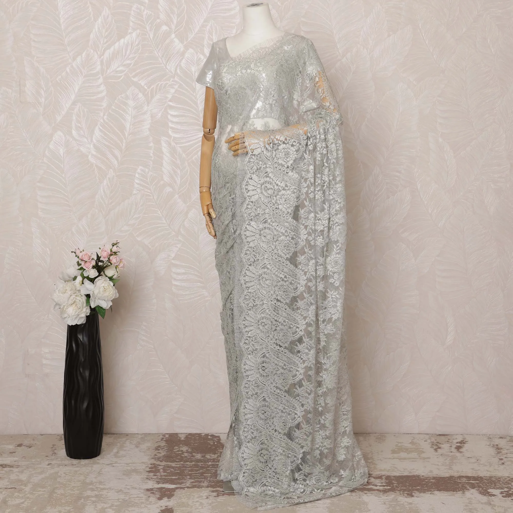 Grey Metallic Premium French Chantilly Saree Lace - 5.5 Meters, Floral Design, 110 cm Width-D20772