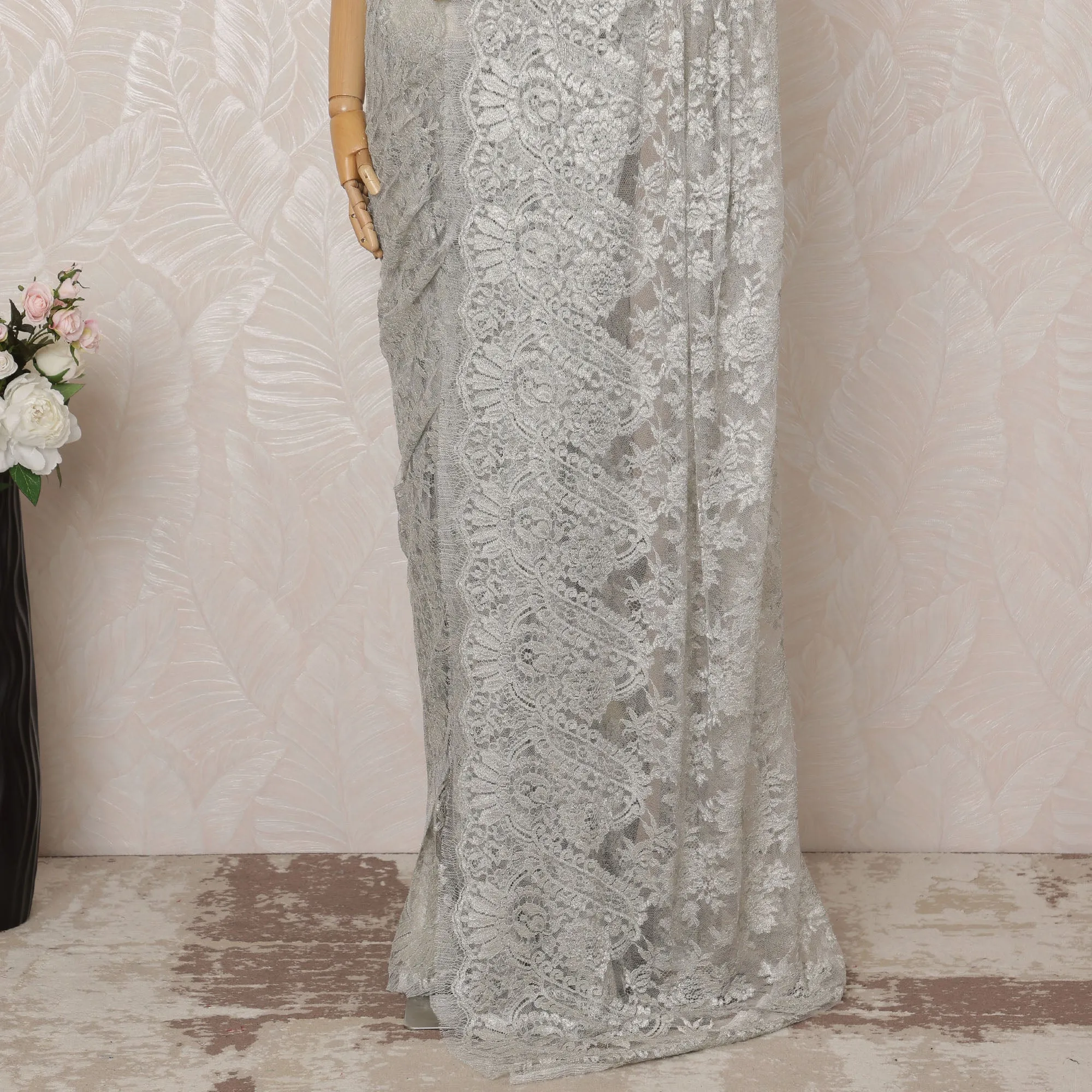 Grey Metallic Premium French Chantilly Saree Lace - 5.5 Meters, Floral Design, 110 cm Width-D20772