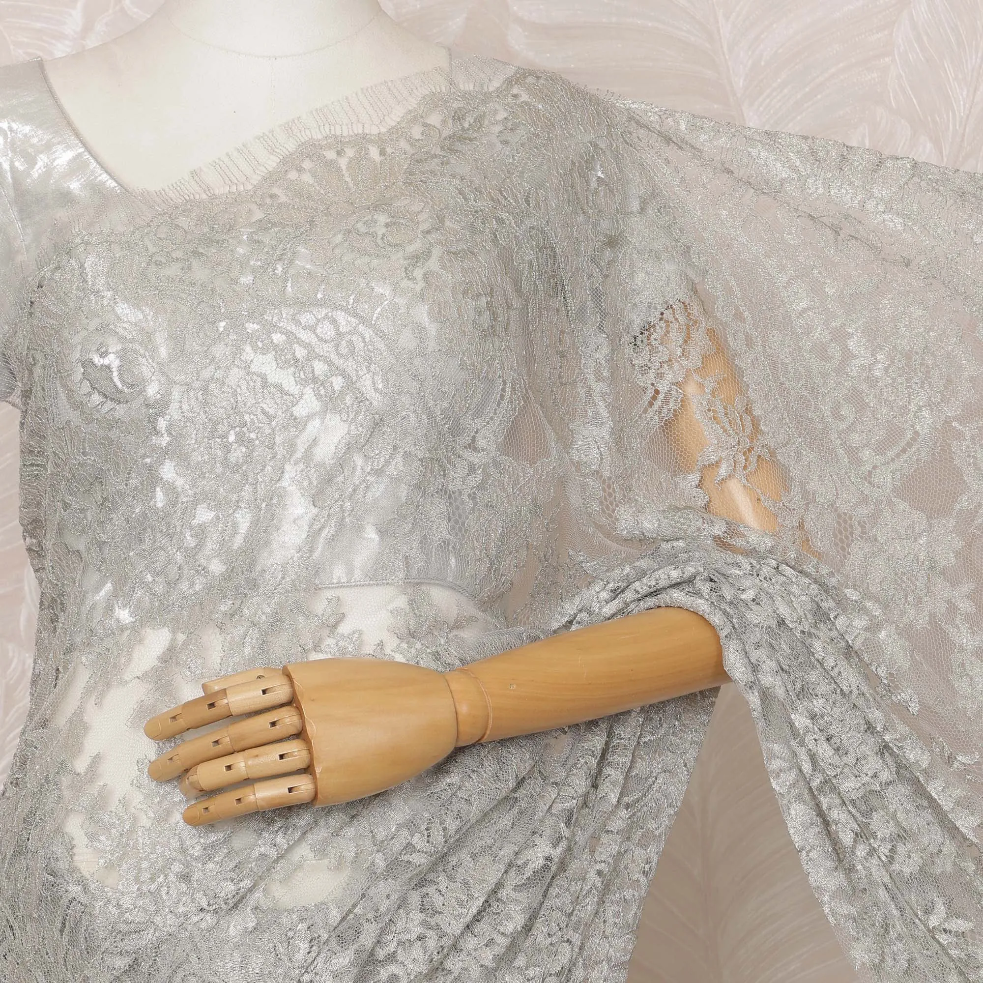Grey Metallic Premium French Chantilly Saree Lace - 5.5 Meters, Floral Design, 110 cm Width-D20772