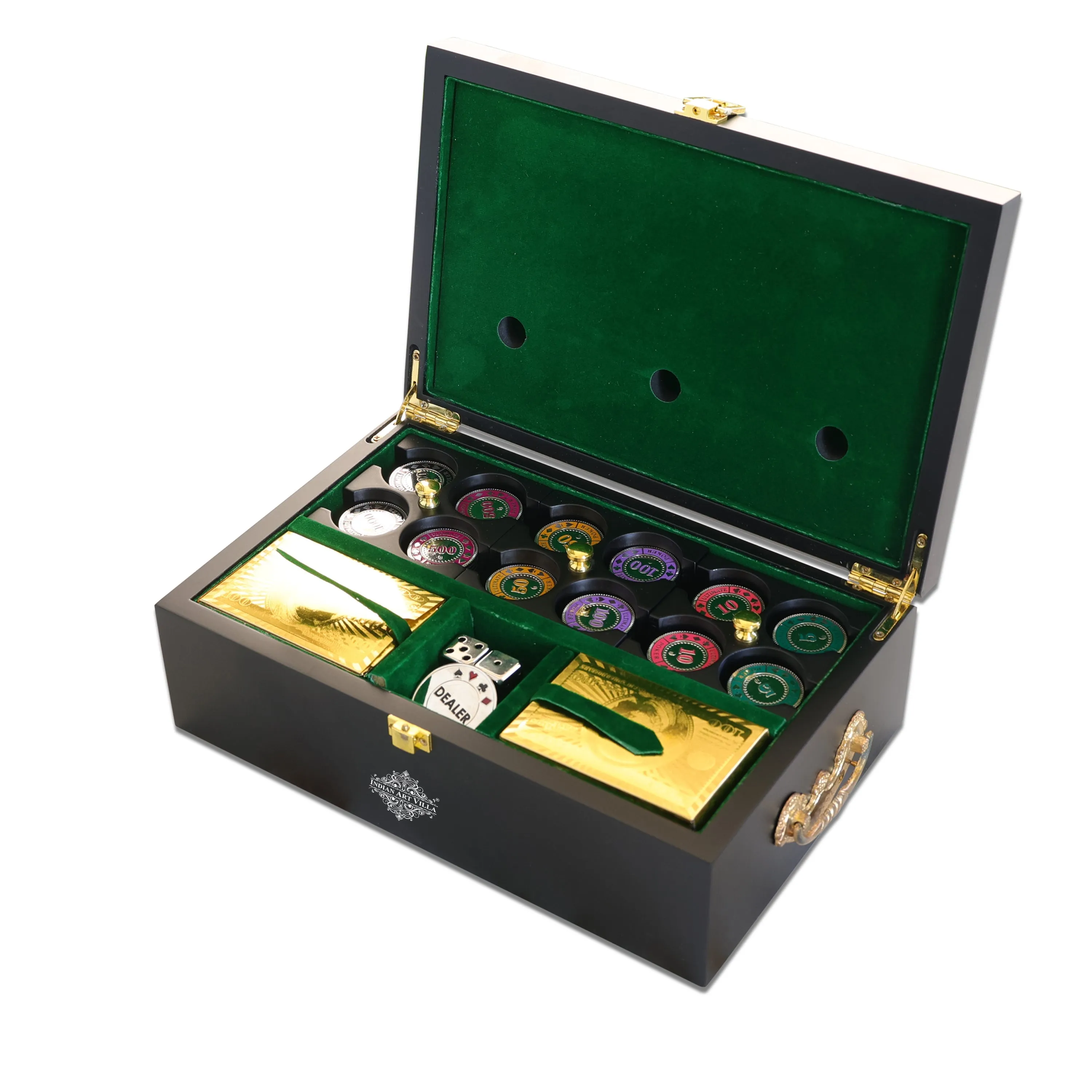 Indian Art Villa Brass Poker Set With Nickel Plating, (300 chips)