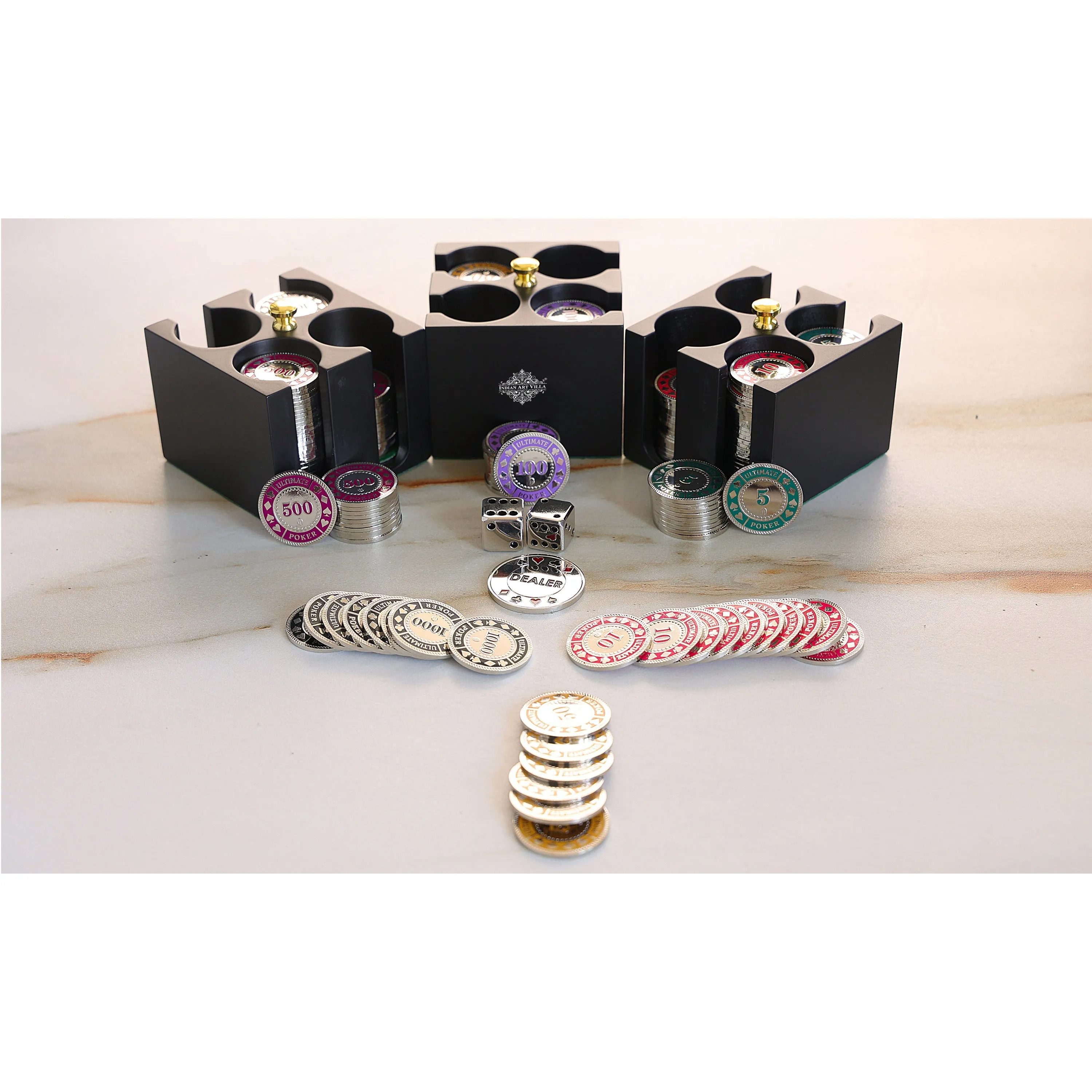 Indian Art Villa Brass Poker Set With Nickel Plating, (300 chips)