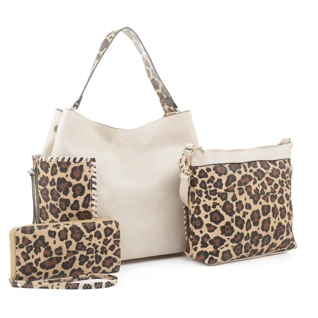 LF5037LT Braided Edge Pockets Leopard Print 3-in-1 Shoulder Bag