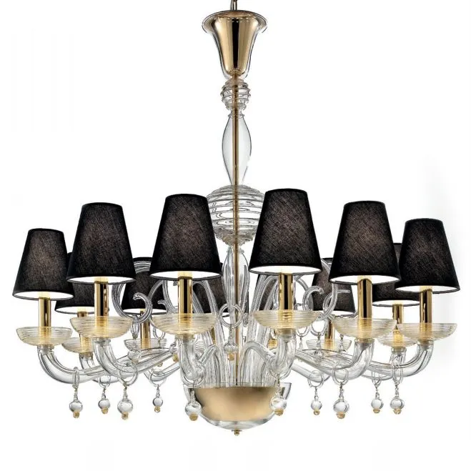 Luxurious Clear & Gold Murano Chandelier With 12 Shades