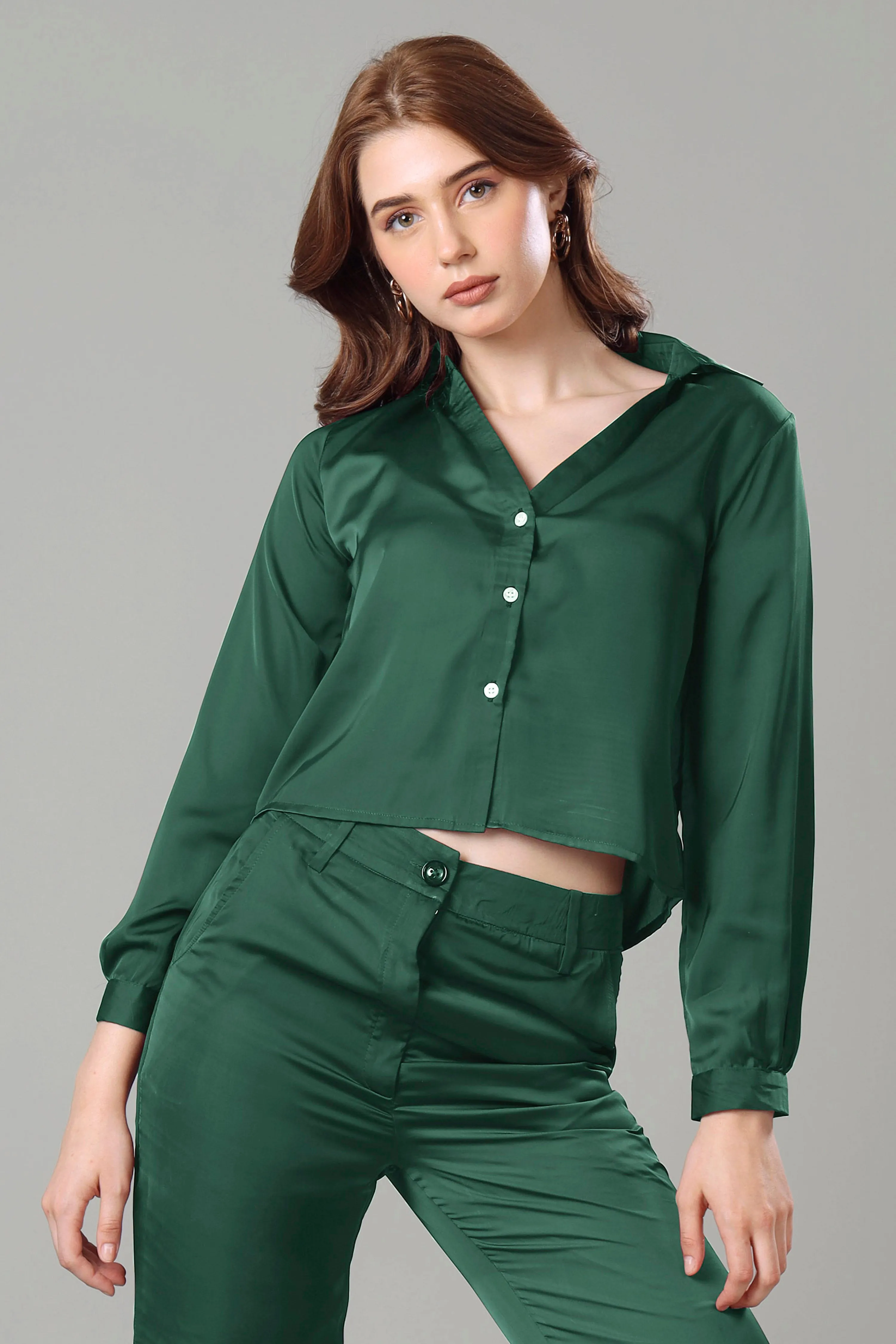 Luxurious Green Cropped Shirt For Women