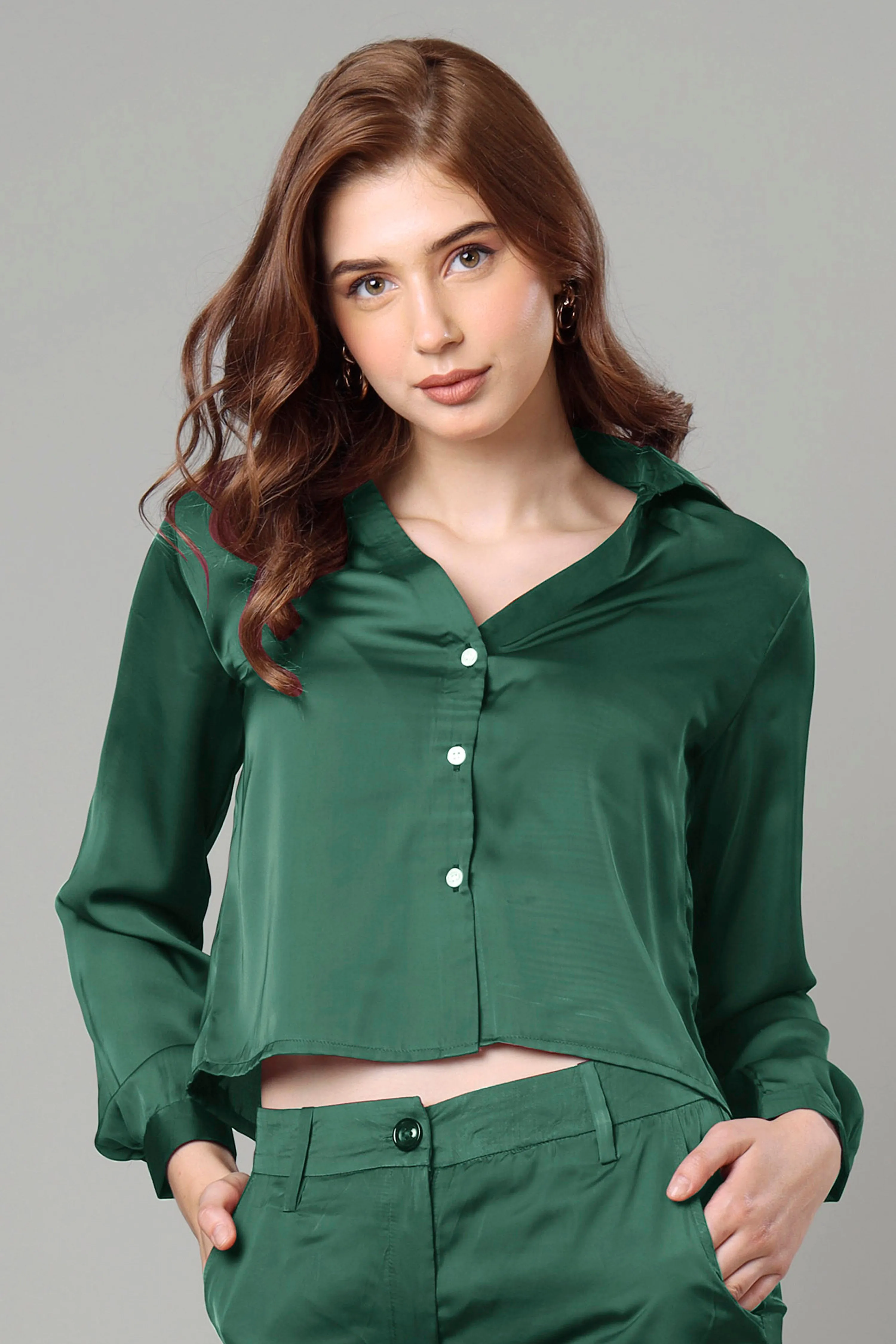 Luxurious Green Cropped Shirt For Women