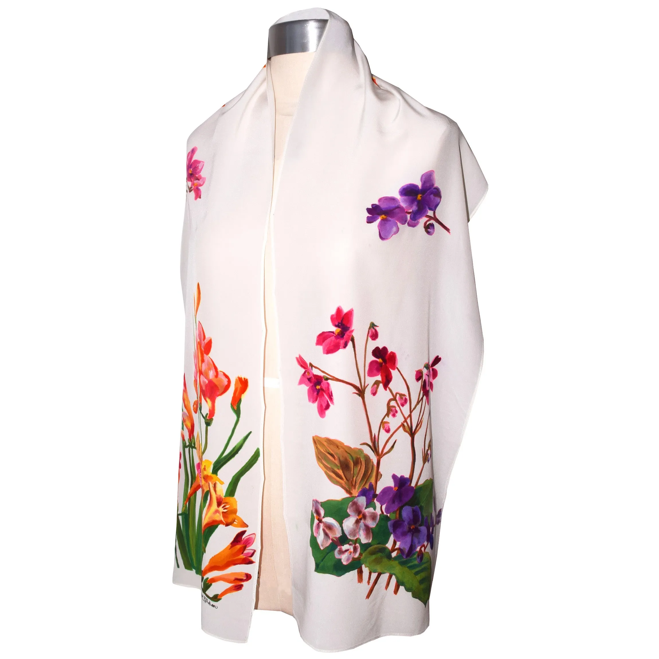 Luxurious Handpainted Multicolor Floral Silk Scarf/Shawl