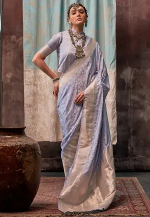 Luxurious Lavender Pure Satin Silk Handloom Weaved Saree