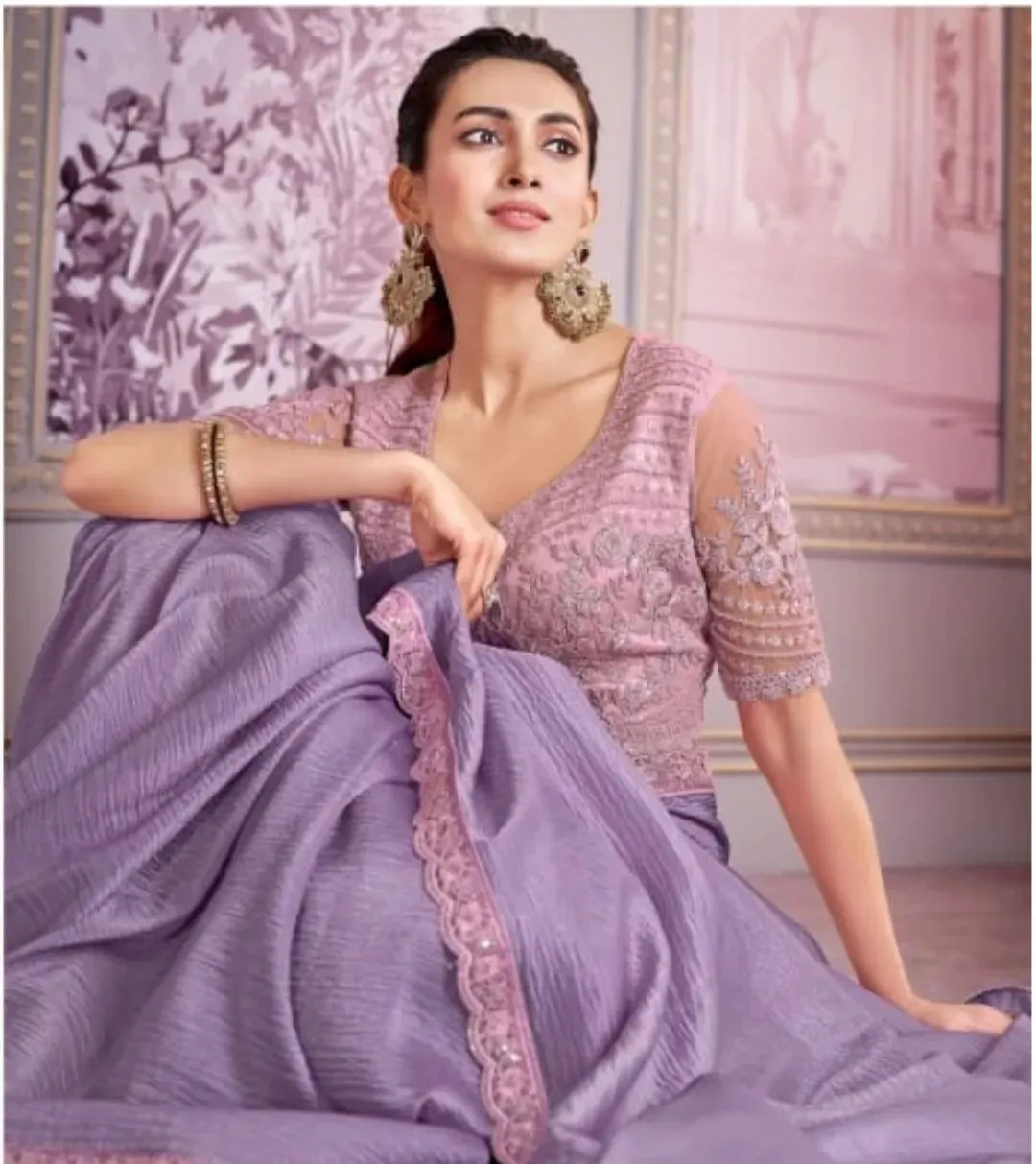 Luxurious Lavender Tissue Crush Embroidered Saree