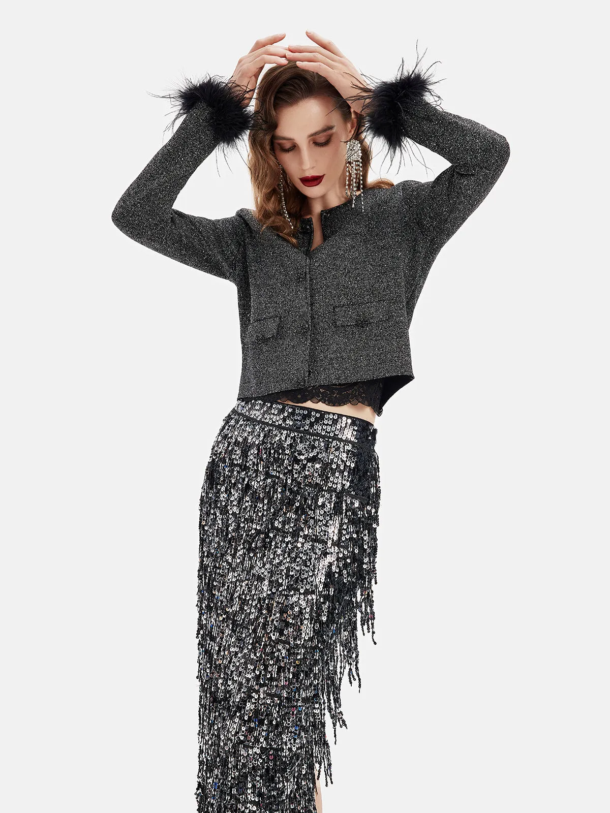 Luxurious Removable Feather Wool Knit Jacket - Star Queen