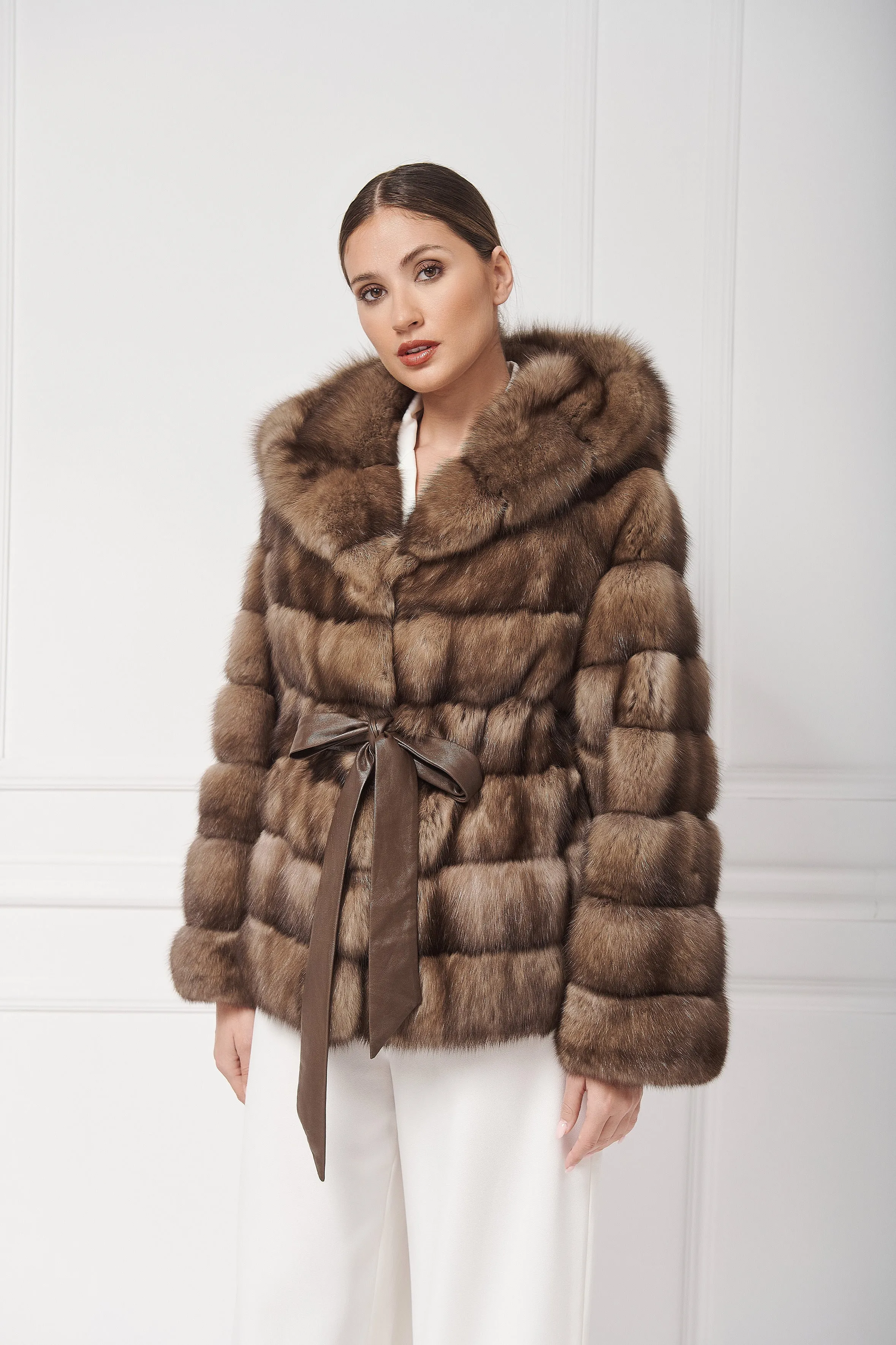 Luxurious Sable Jacket with Hood and belt
