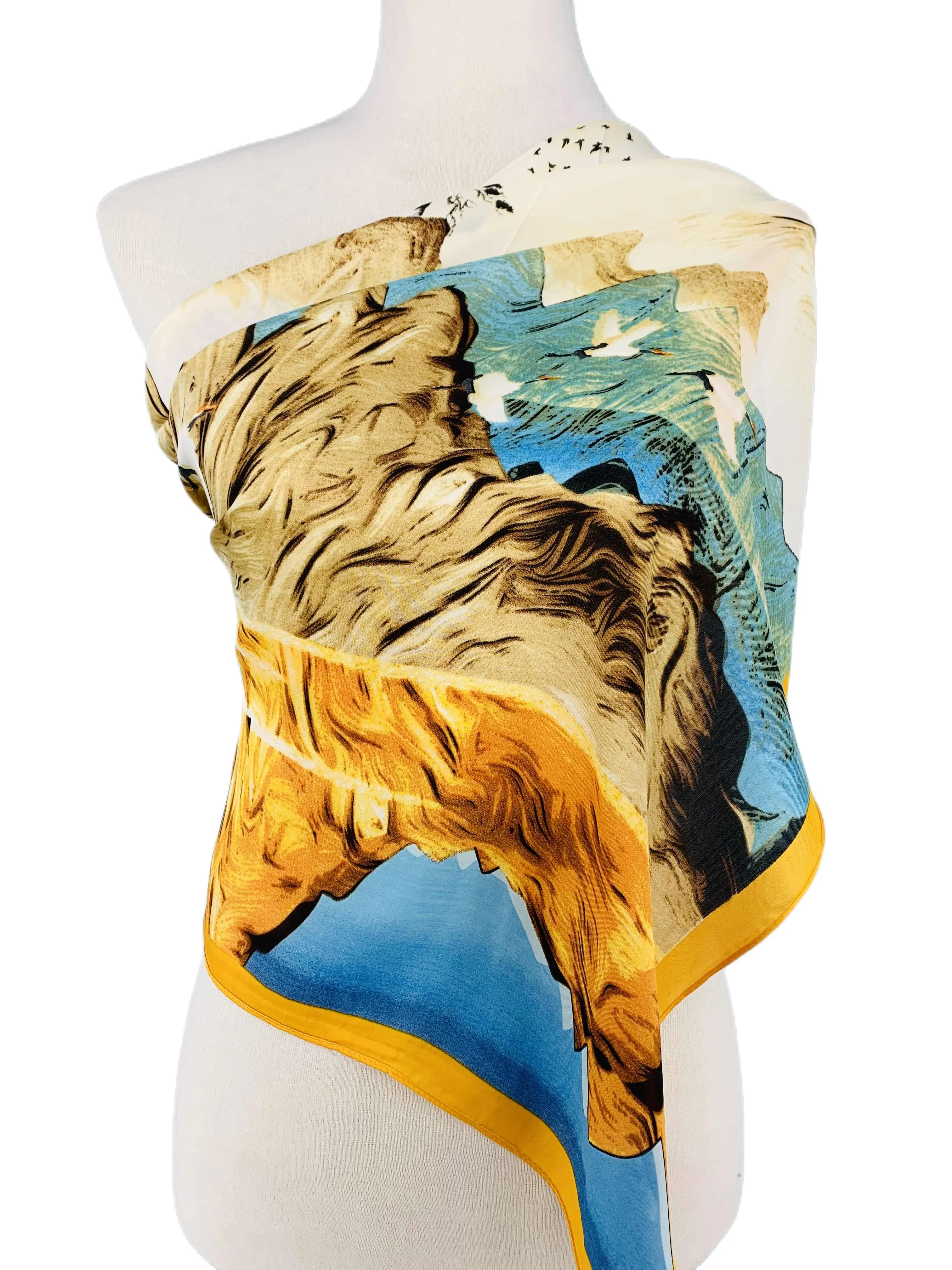 Luxurious Silk-Feel Square Scarf-- Mountain & Bird