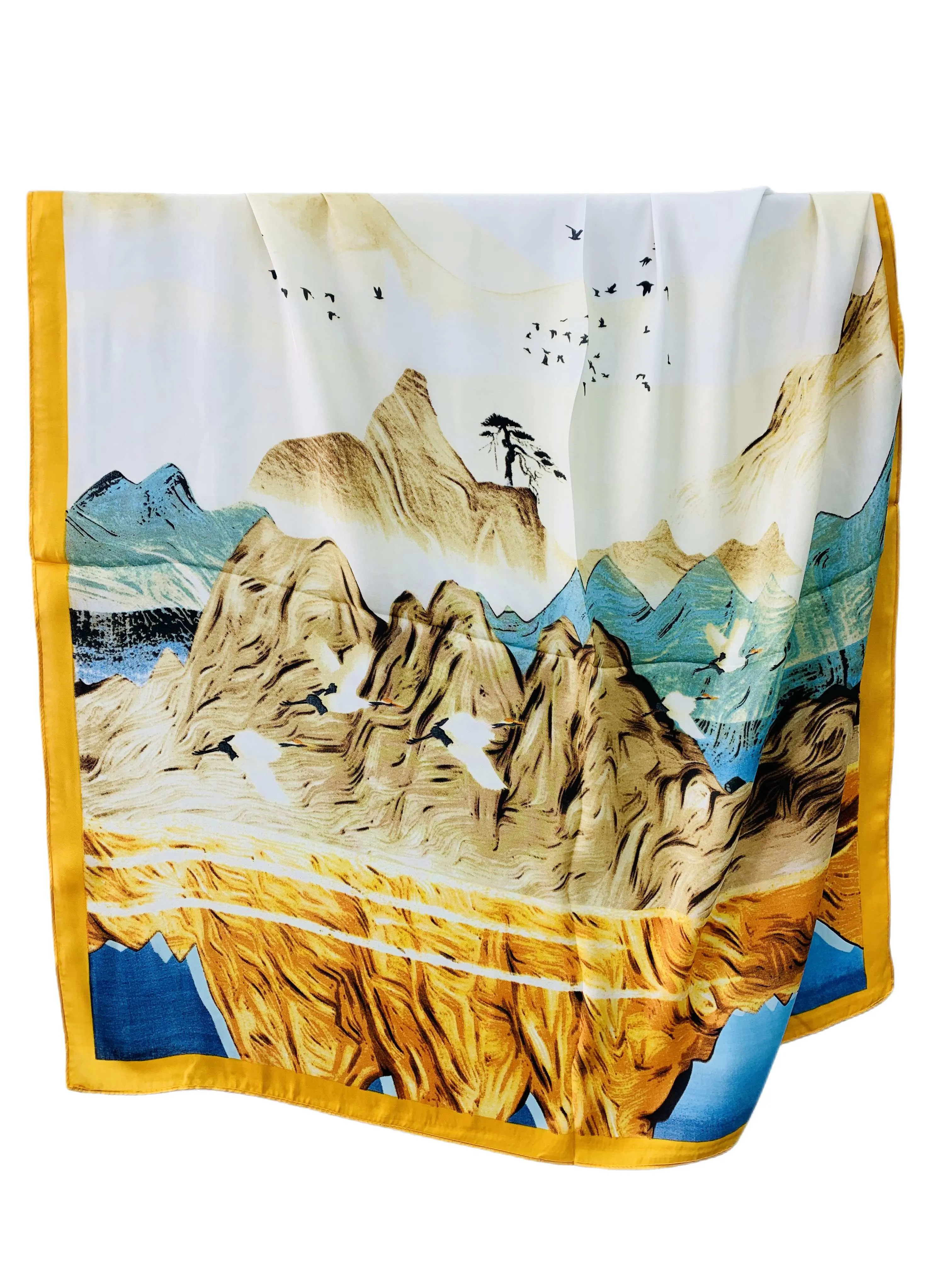 Luxurious Silk-Feel Square Scarf-- Mountain & Bird