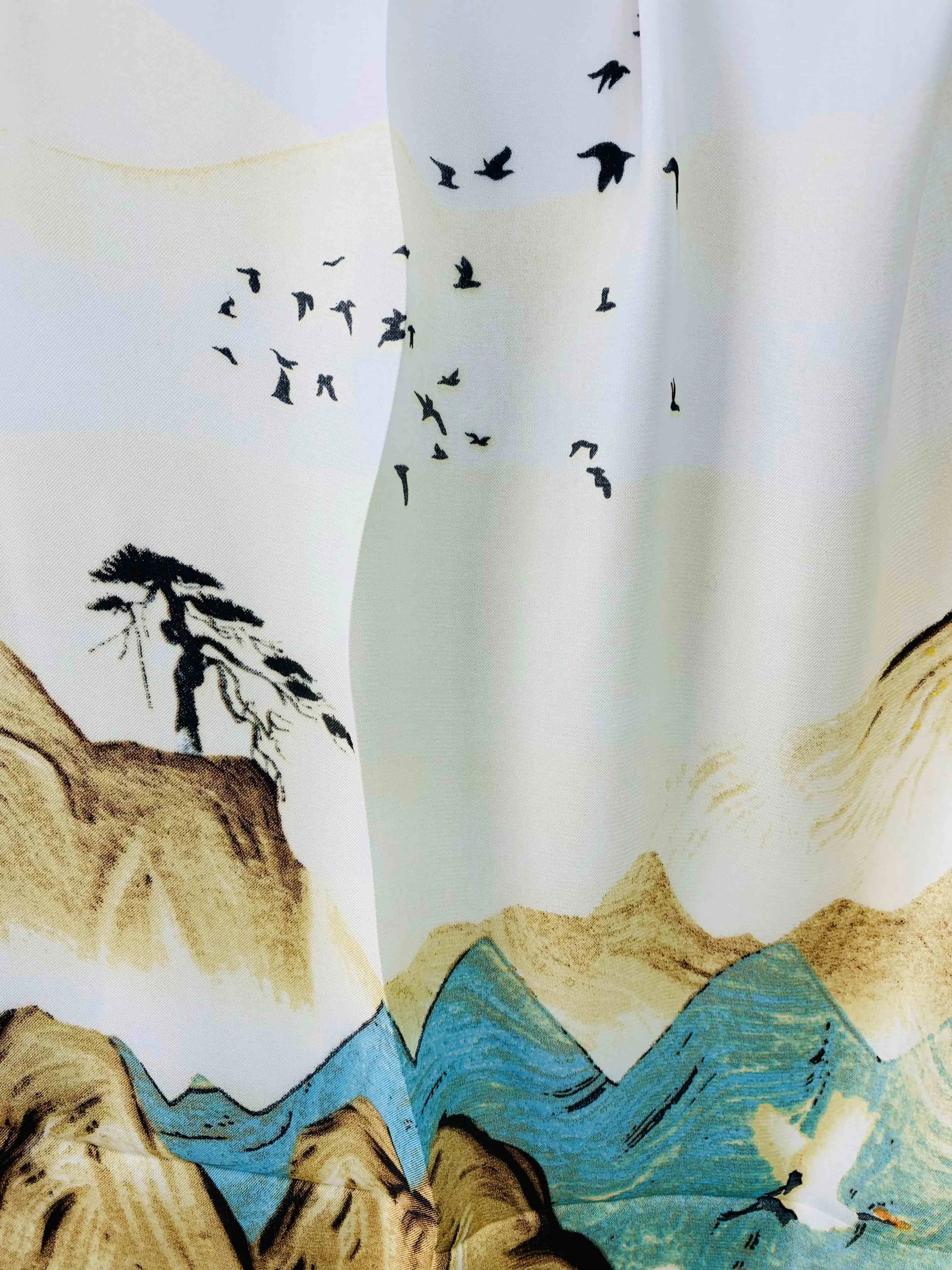 Luxurious Silk-Feel Square Scarf-- Mountain & Bird