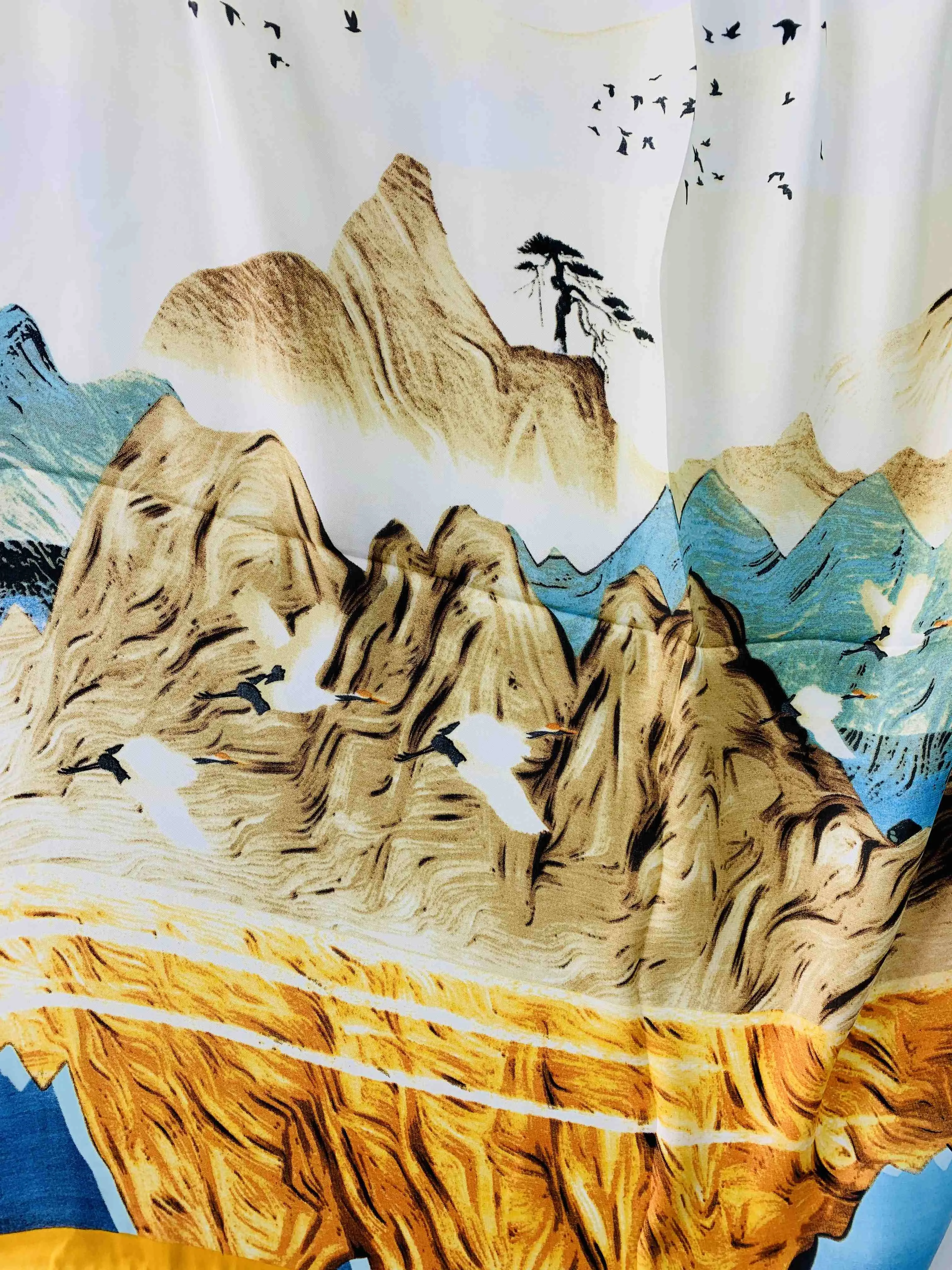 Luxurious Silk-Feel Square Scarf-- Mountain & Bird