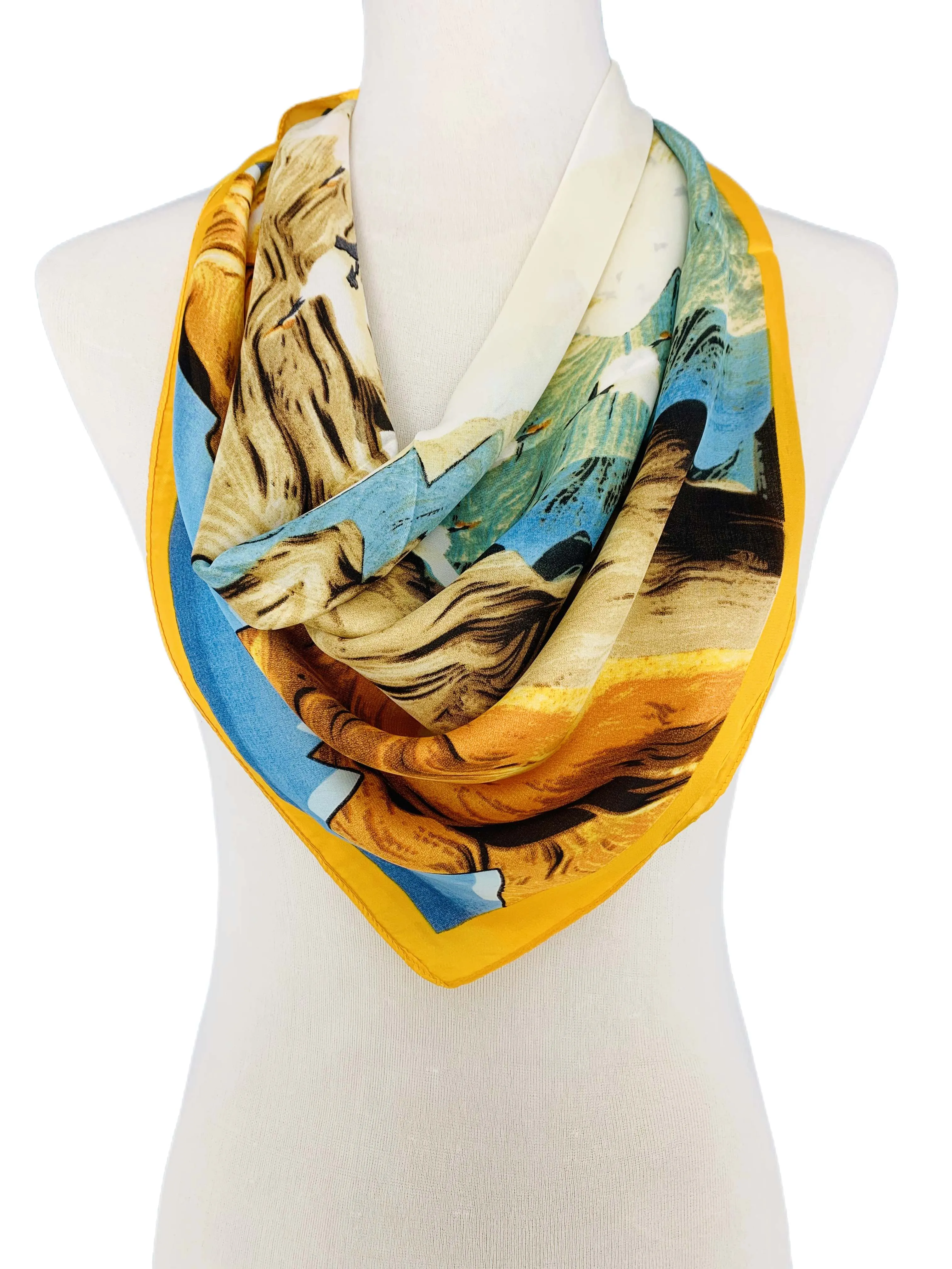 Luxurious Silk-Feel Square Scarf-- Mountain & Bird