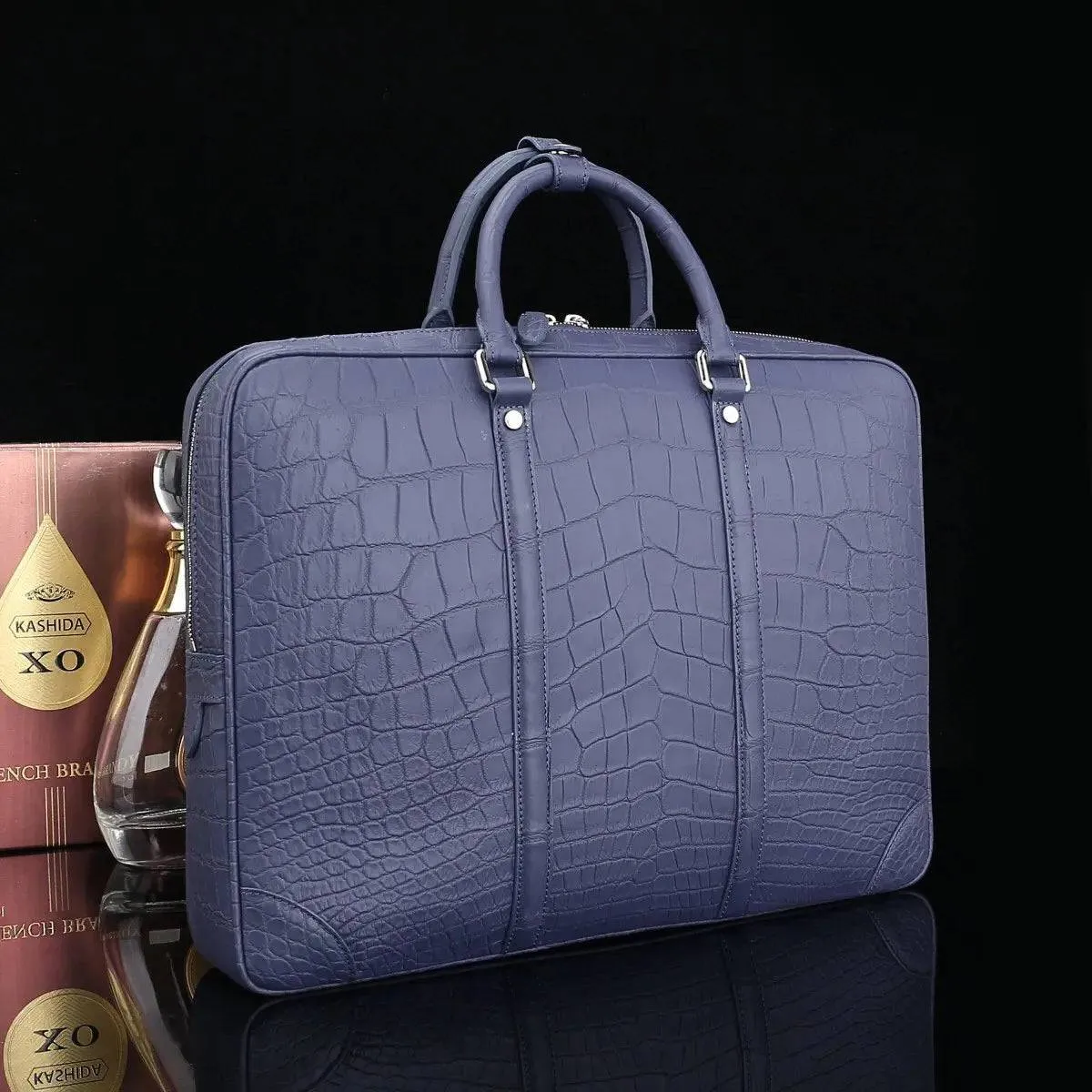 Mens Crocodile Skin Leather Travel Duffel Bag Blue