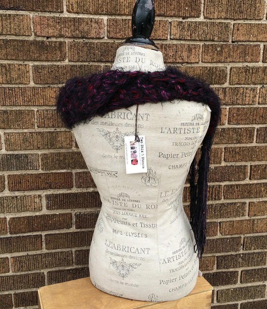 Mohair Blend Luxurious Wine and Black Fringed Shawl