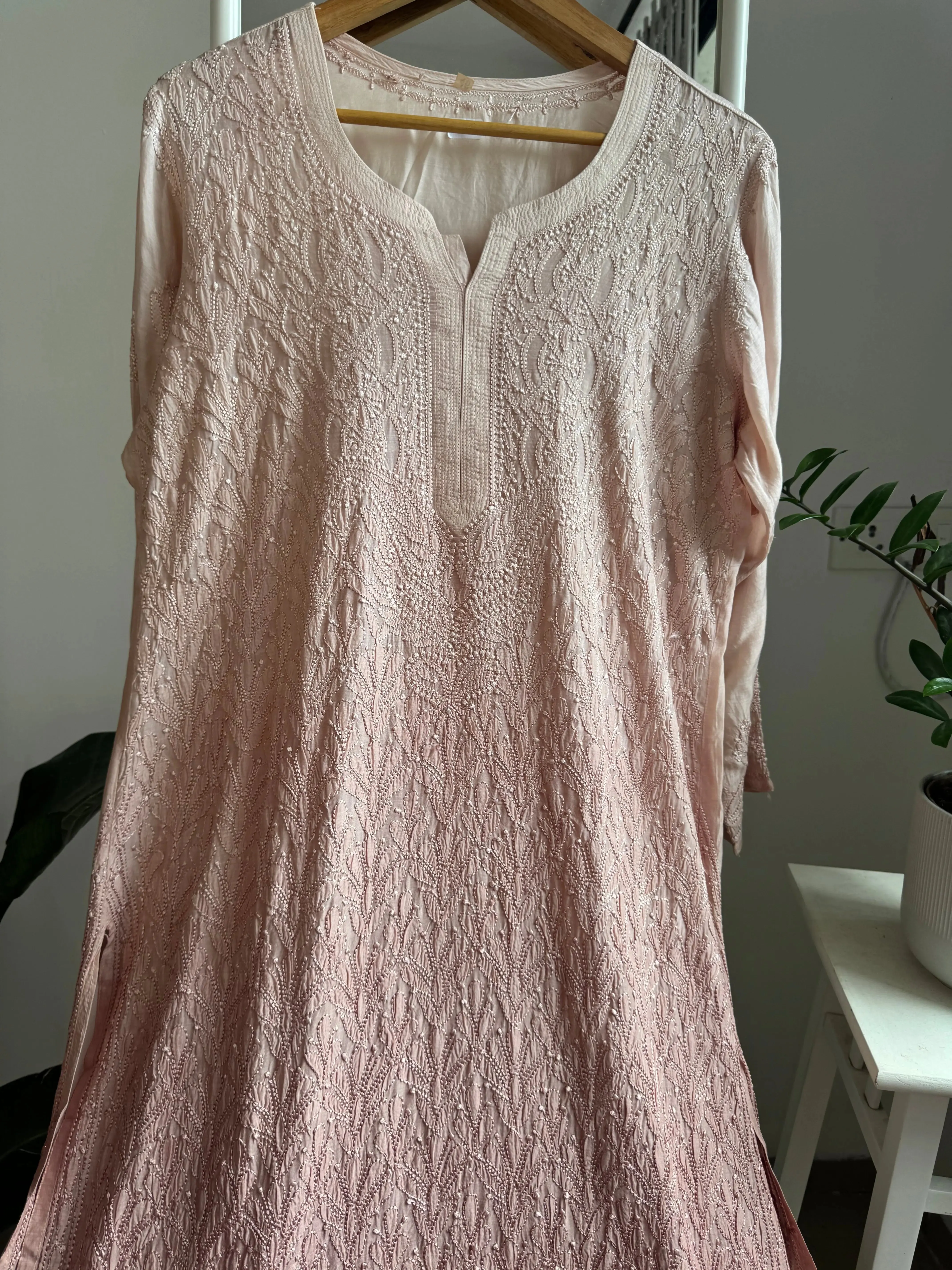 Muslin Chikankari Kurti - Pale Pink Ombre