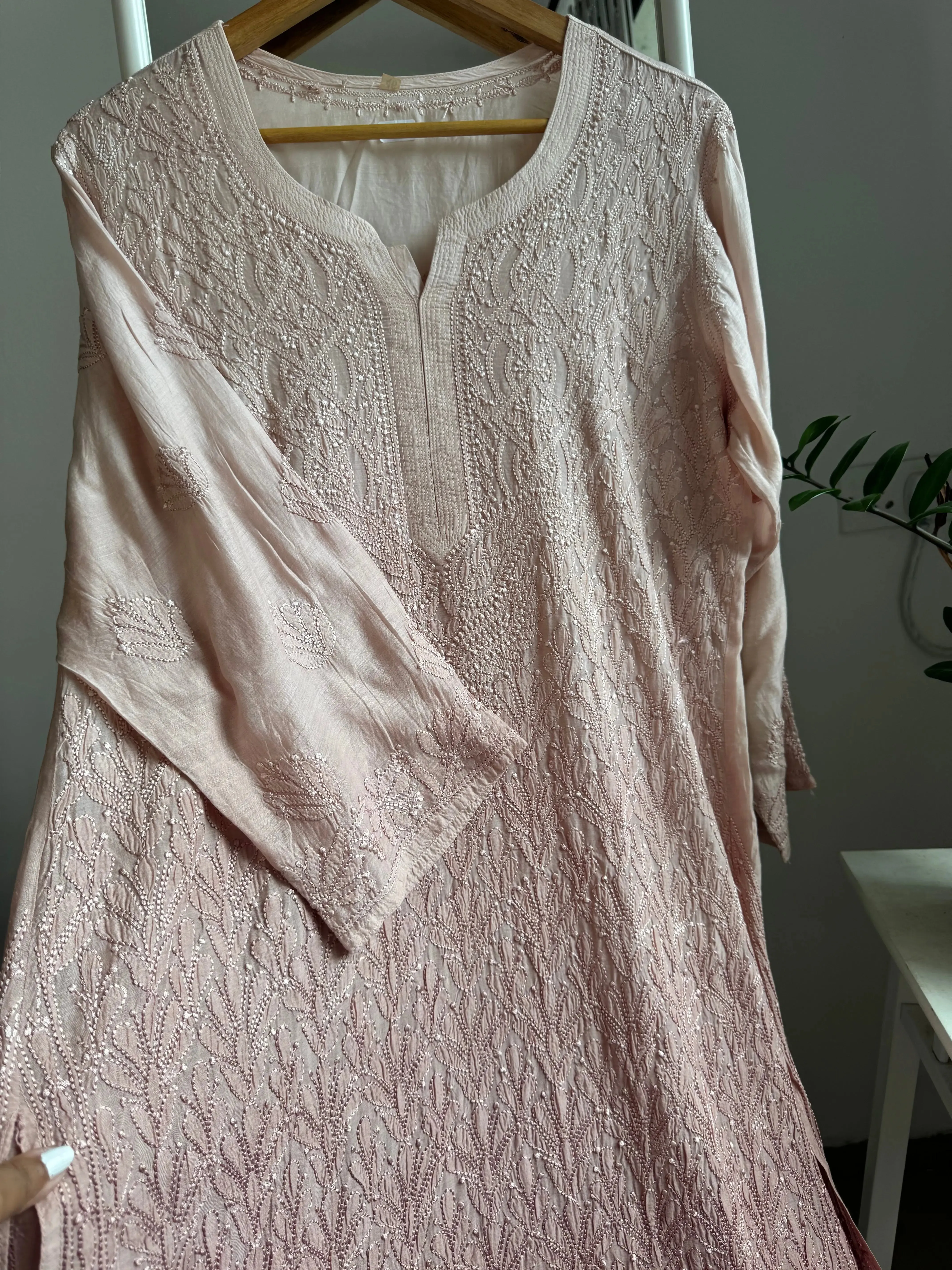 Muslin Chikankari Kurti - Pale Pink Ombre