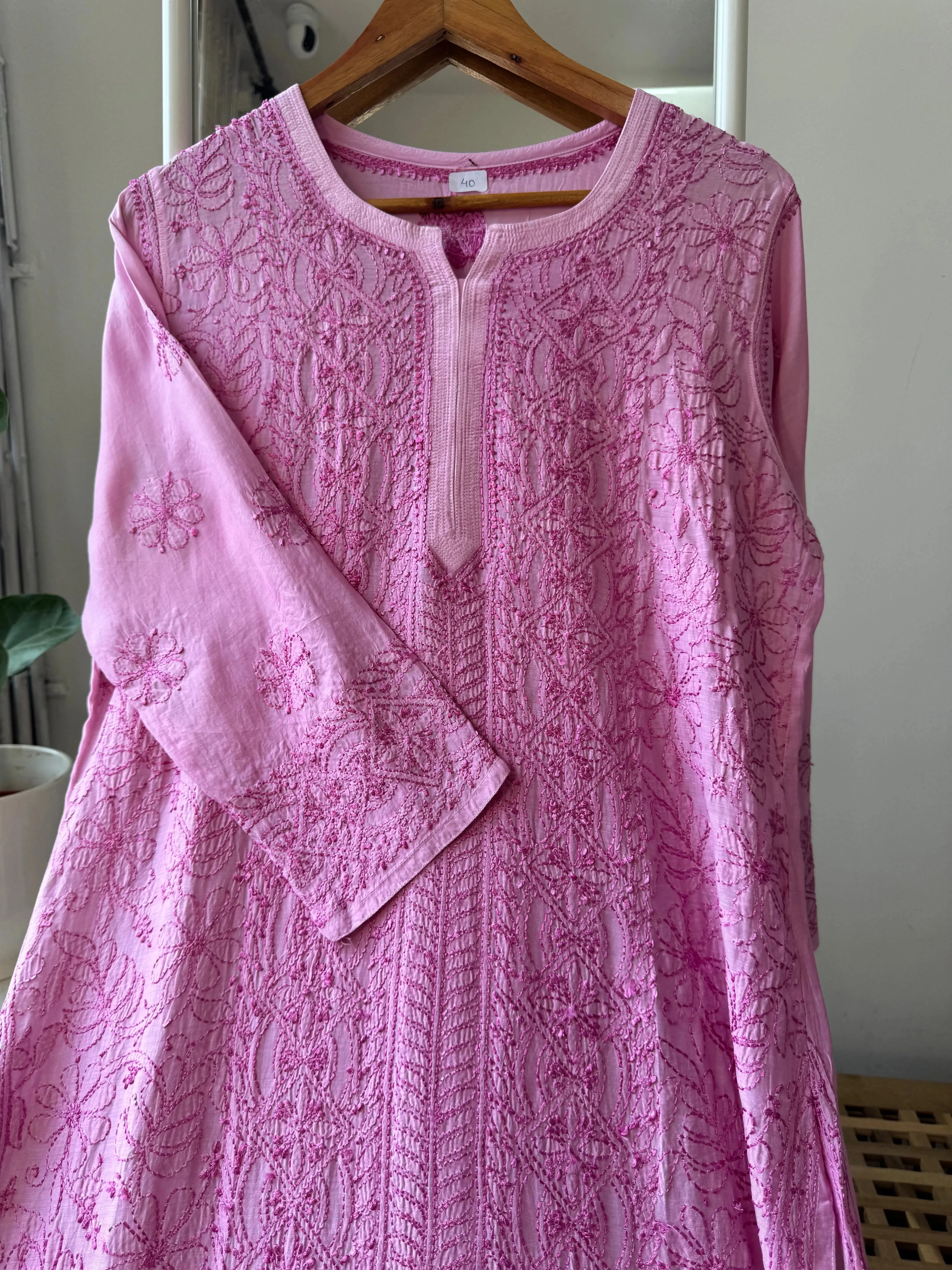 Muslin Chikankari Kurti - Pink