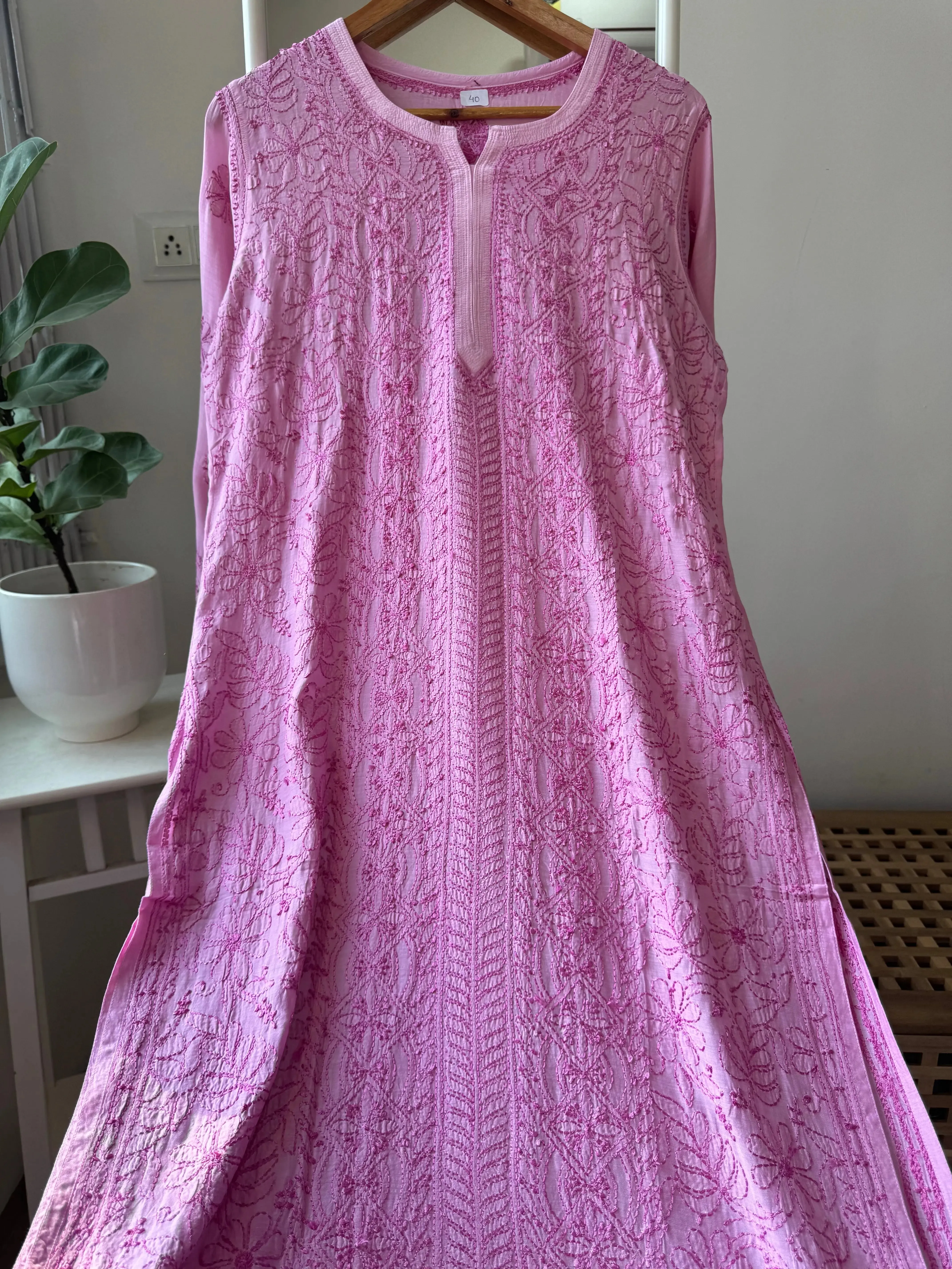 Muslin Chikankari Kurti - Pink