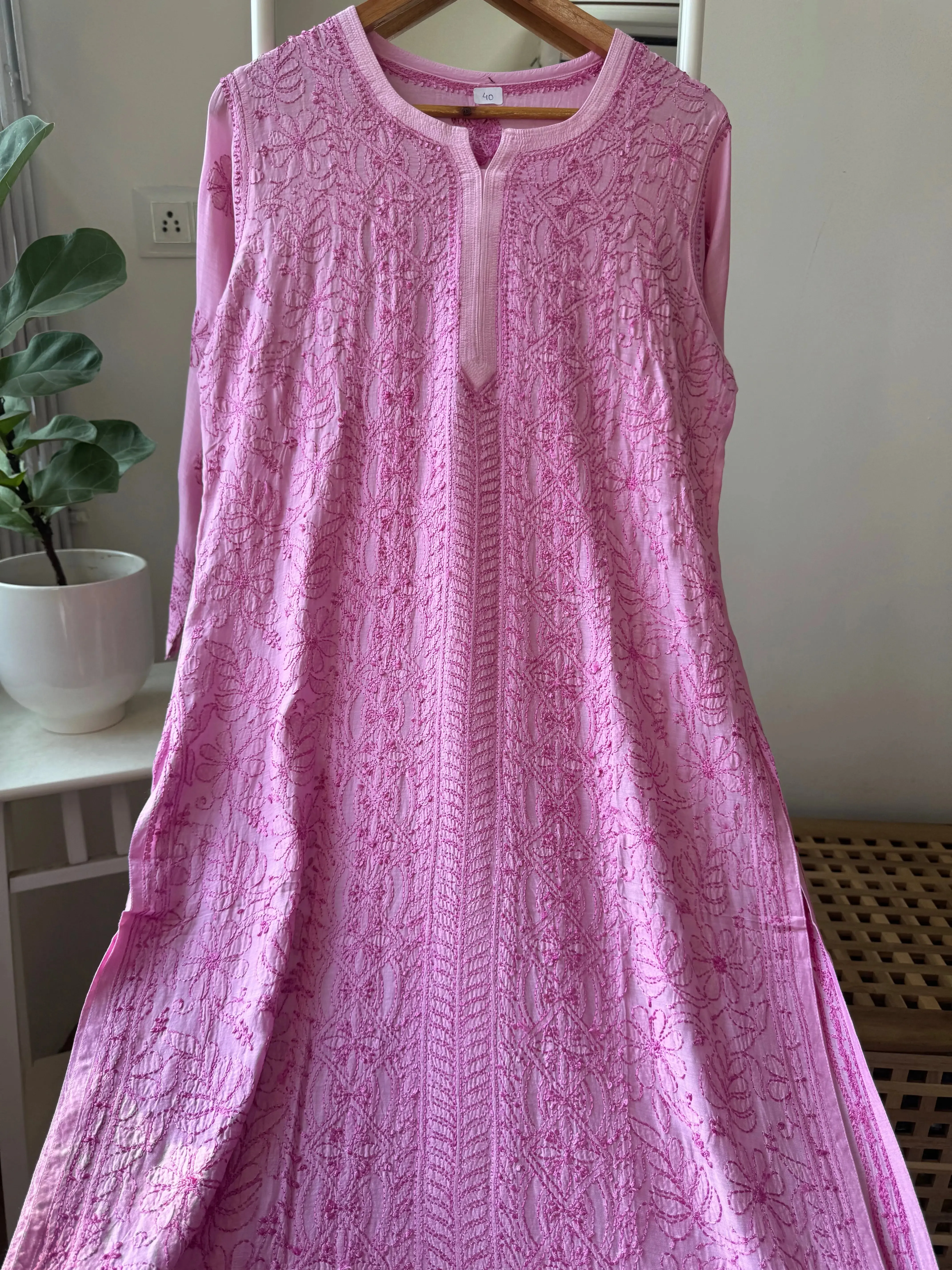 Muslin Chikankari Kurti - Pink