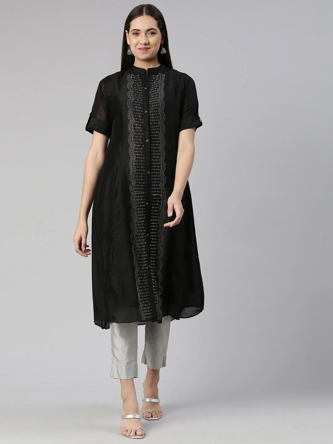 Neeru's Black Anarkali Flared Crepe Kurtas