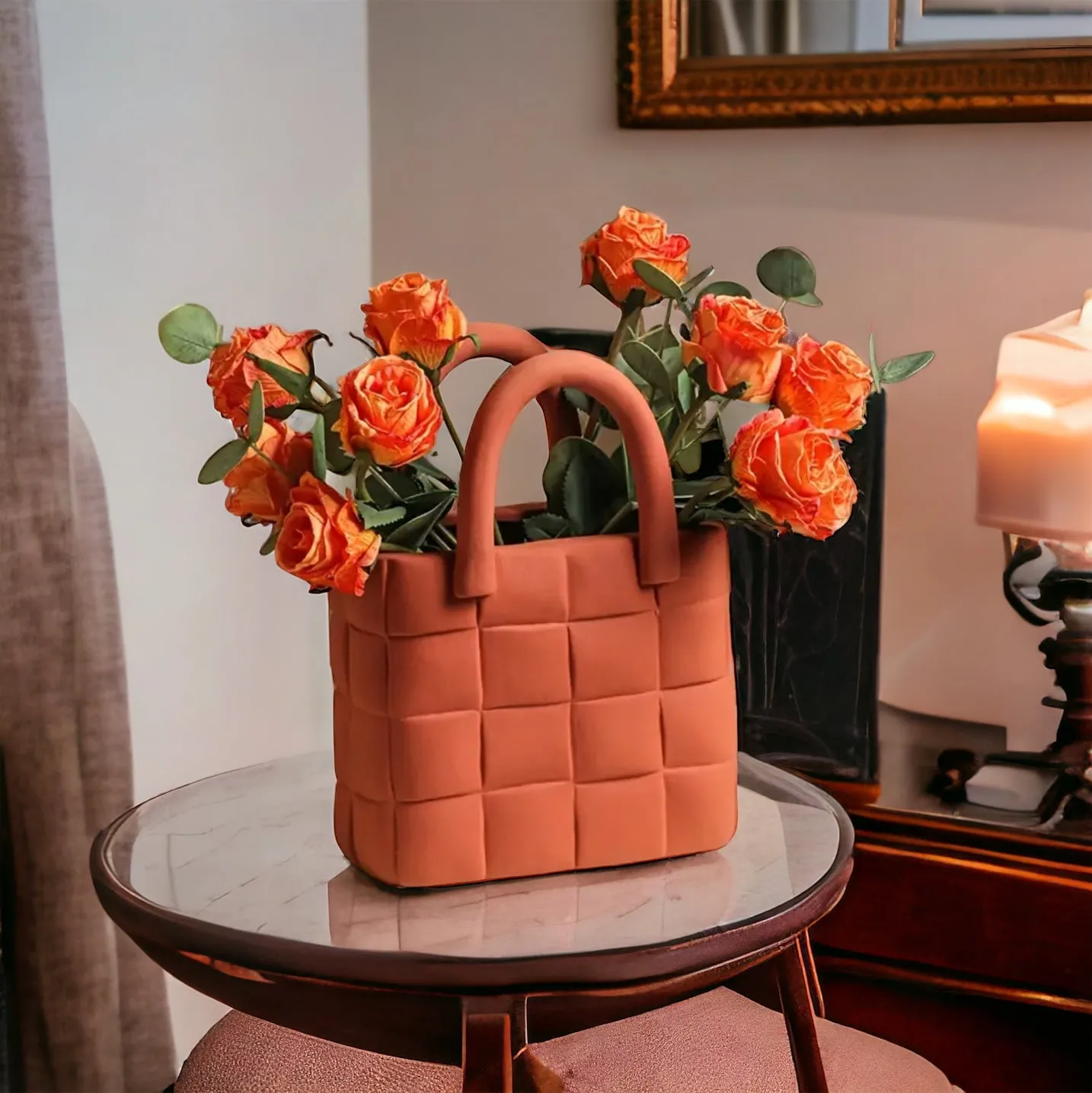 Orange Garden Weave Basket Handbag Vase