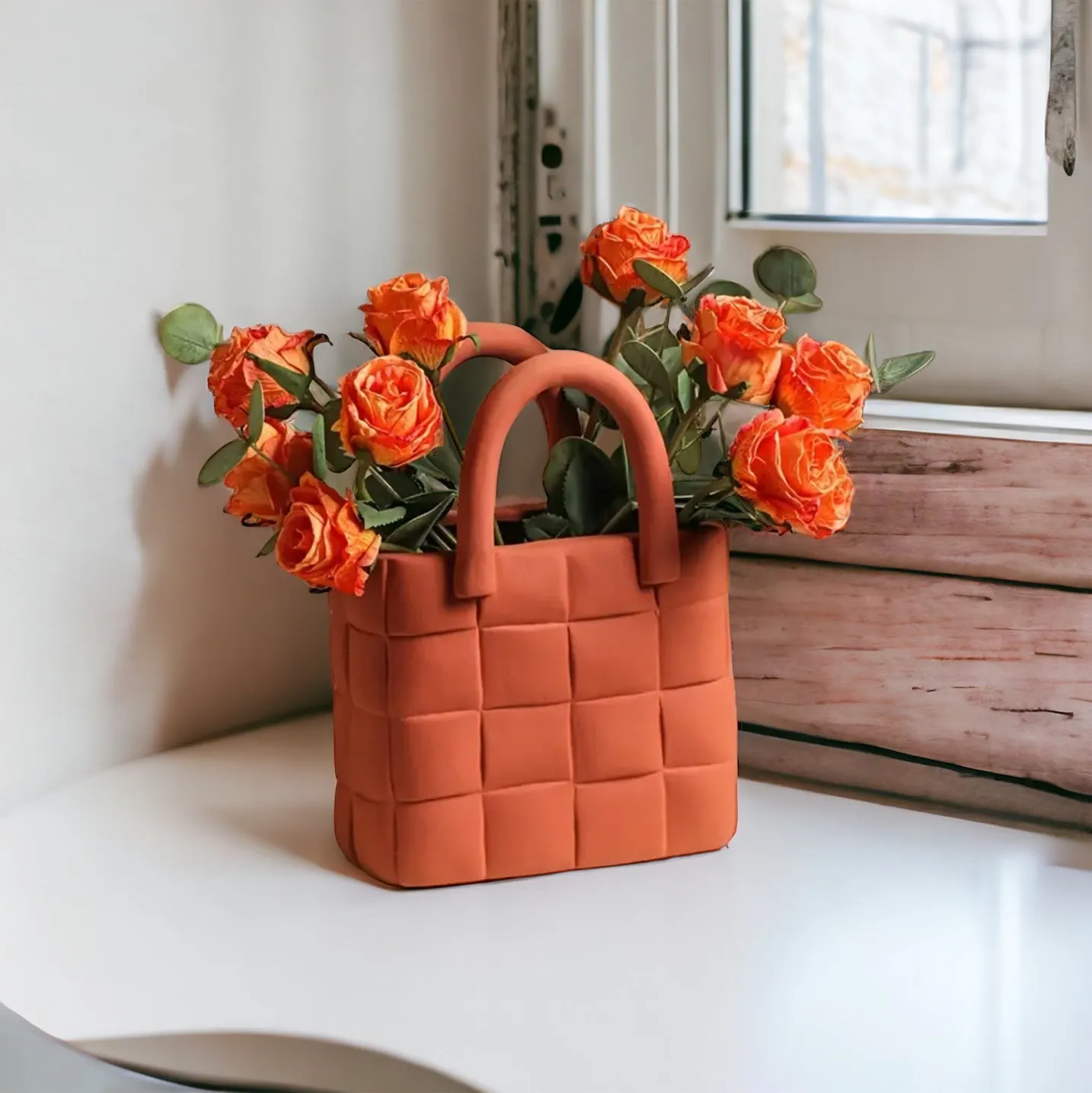 Orange Garden Weave Basket Handbag Vase
