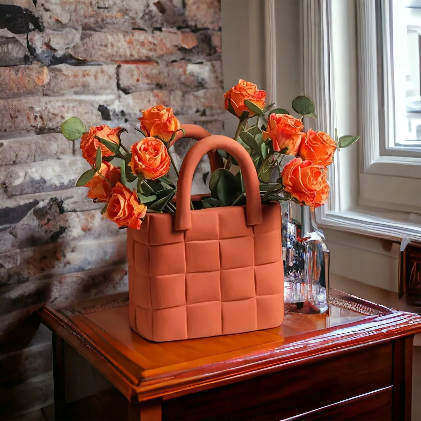 Orange Garden Weave Basket Handbag Vase