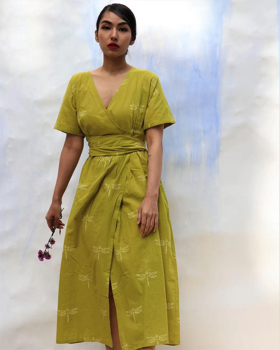 Parrot Green Handprinted V Neck Pure Cotton Dress -Skd