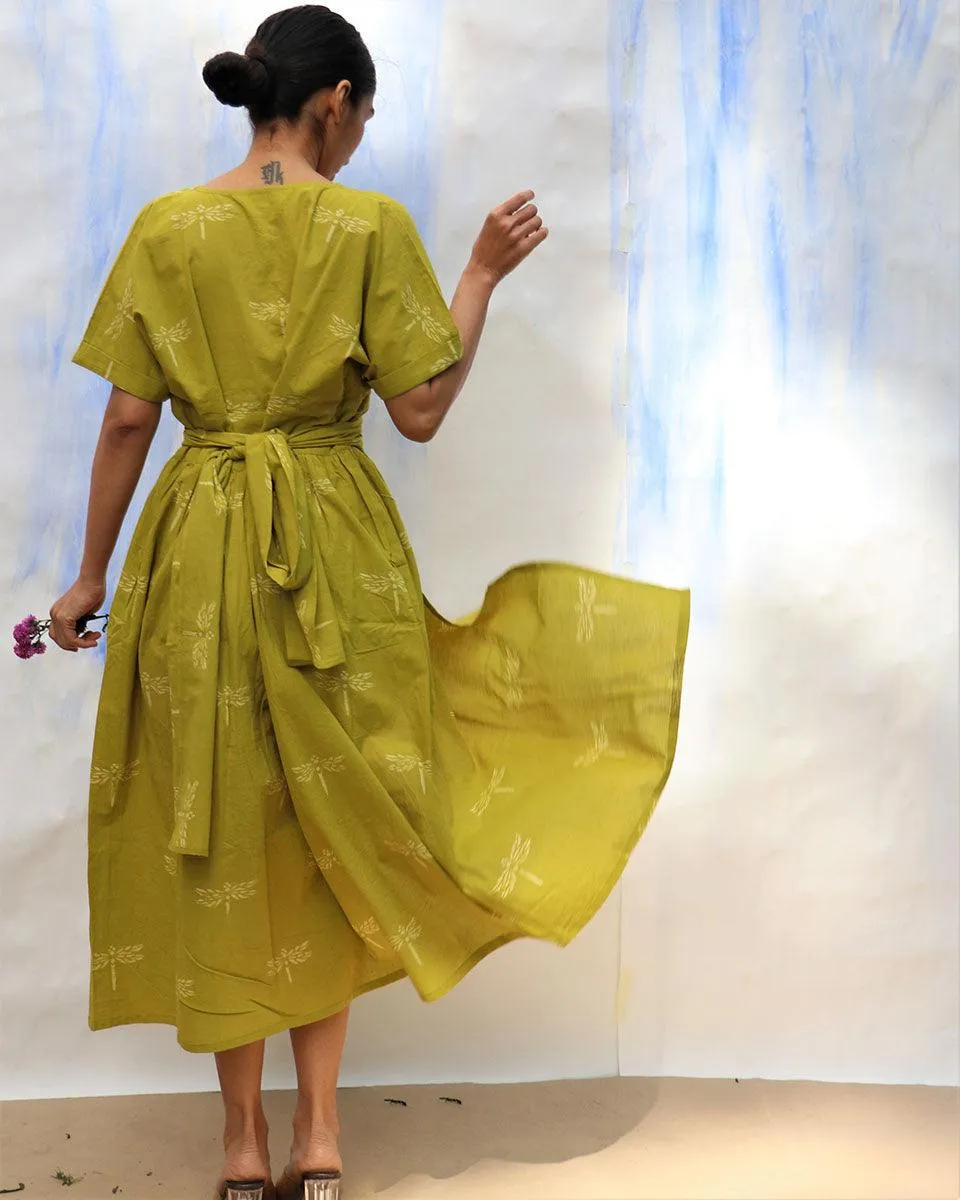Parrot Green Handprinted V Neck Pure Cotton Dress -Skd