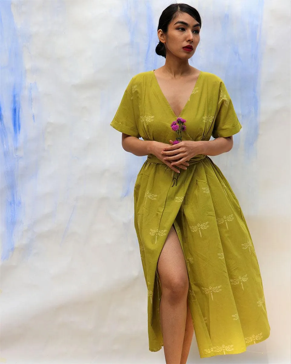 Parrot Green Handprinted V Neck Pure Cotton Dress -Skd