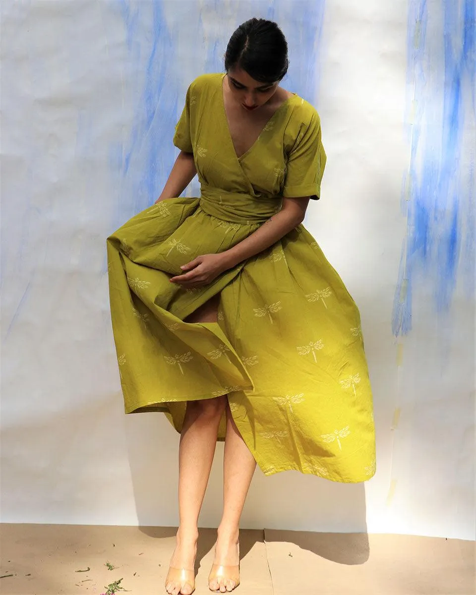 Parrot Green Handprinted V Neck Pure Cotton Dress -Skd