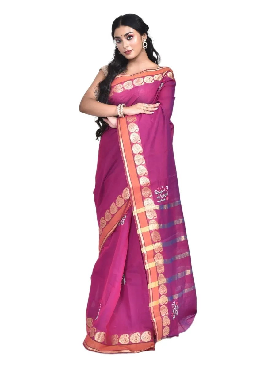 Purple South Cotton Saree with Floral Design Hand Embroidery and Kolki Zari Border