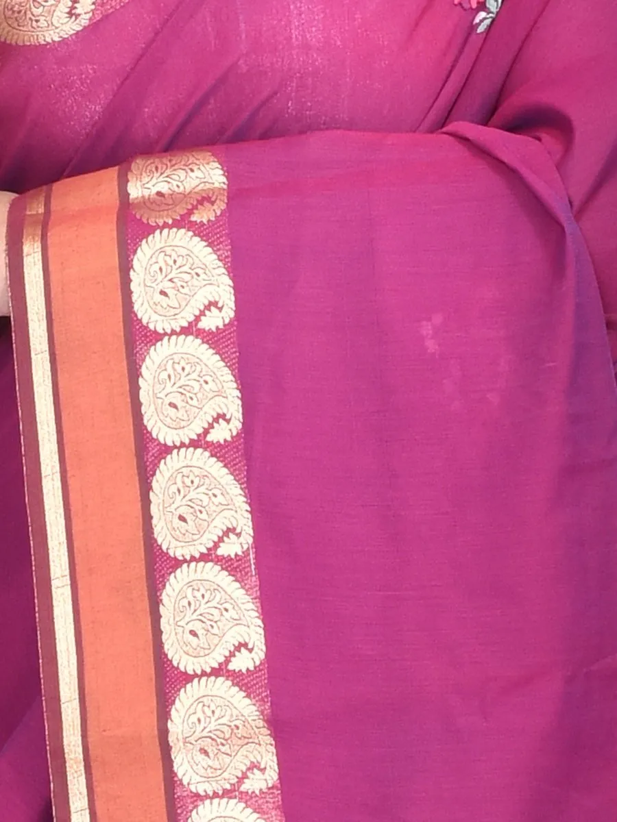 Purple South Cotton Saree with Floral Design Hand Embroidery and Kolki Zari Border