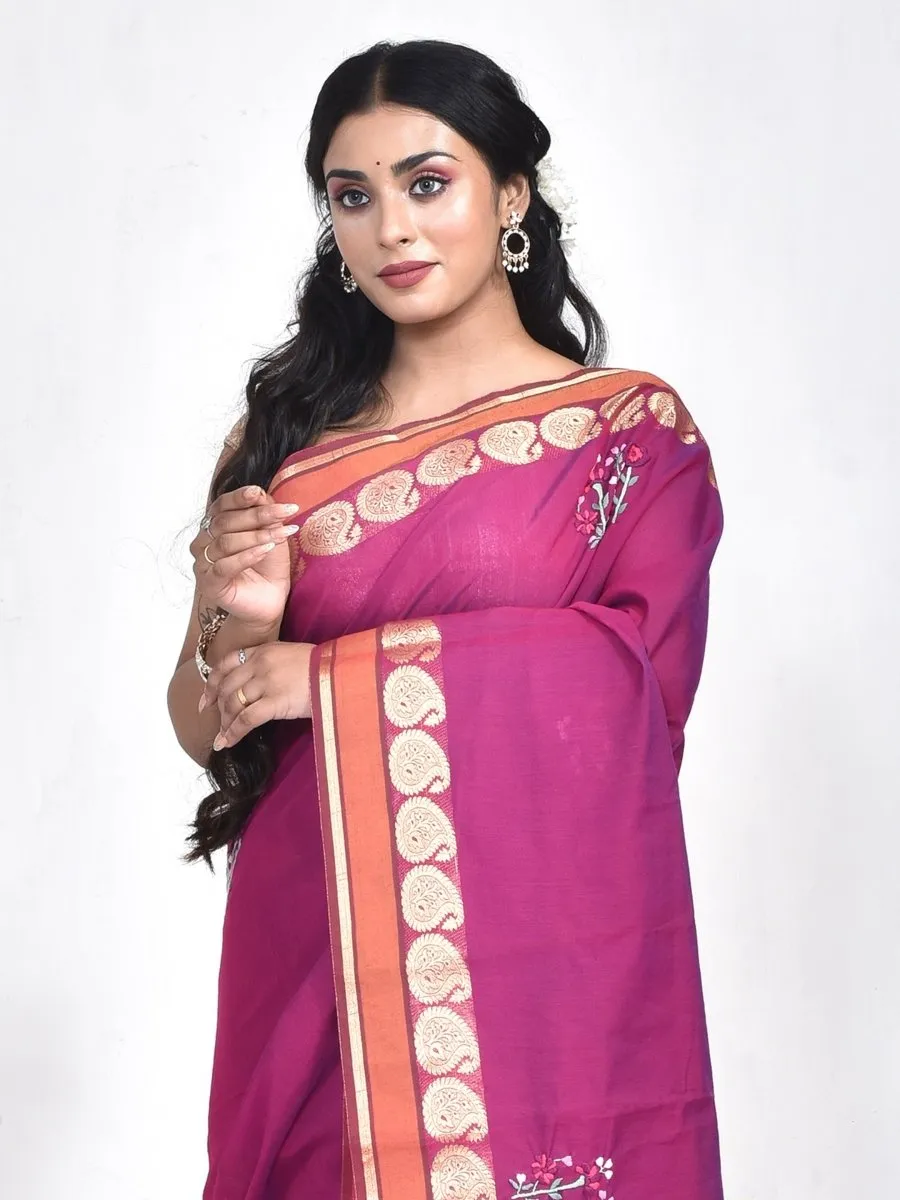 Purple South Cotton Saree with Floral Design Hand Embroidery and Kolki Zari Border
