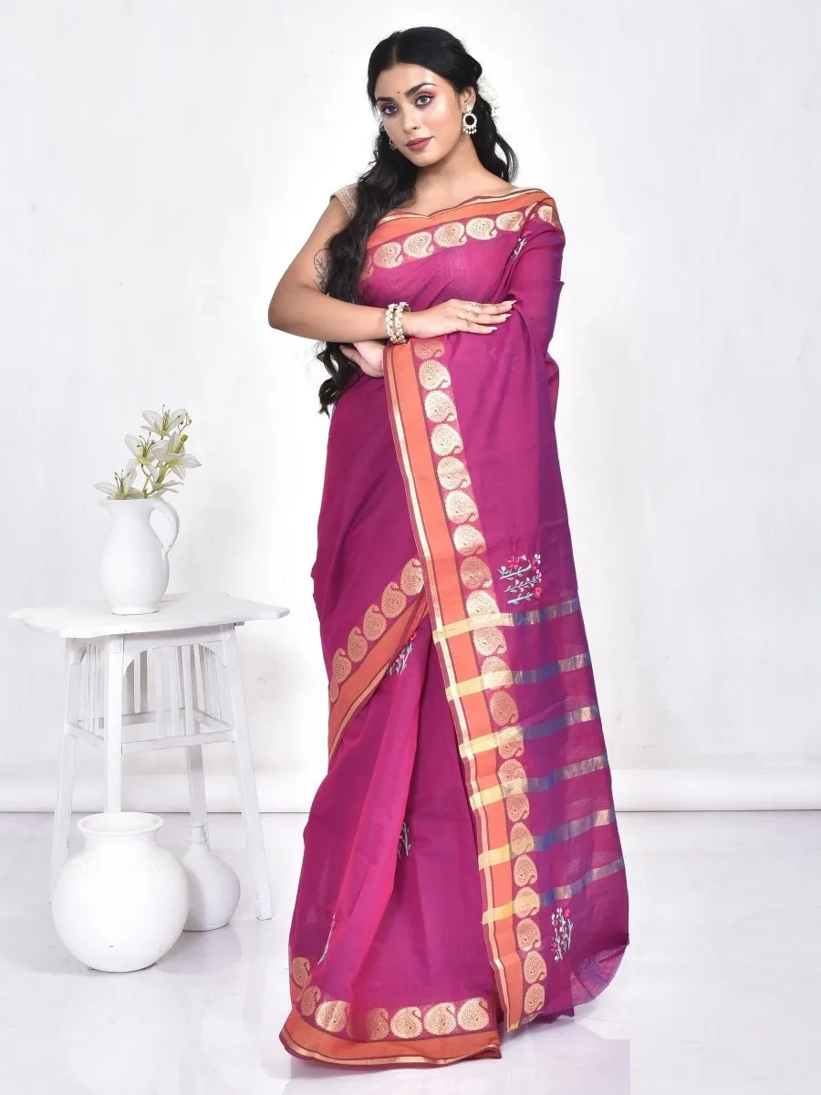 Purple South Cotton Saree with Floral Design Hand Embroidery and Kolki Zari Border