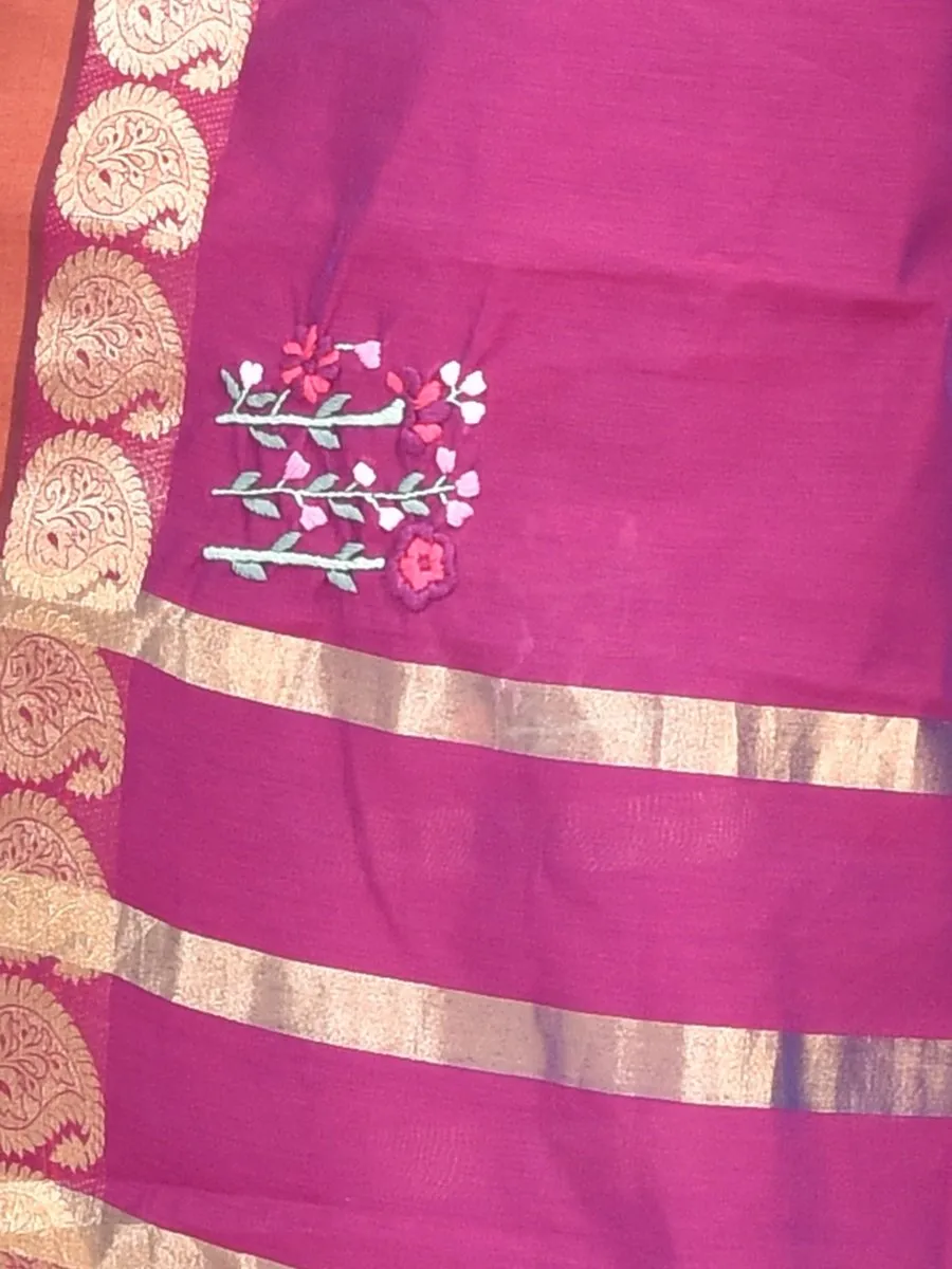 Purple South Cotton Saree with Floral Design Hand Embroidery and Kolki Zari Border
