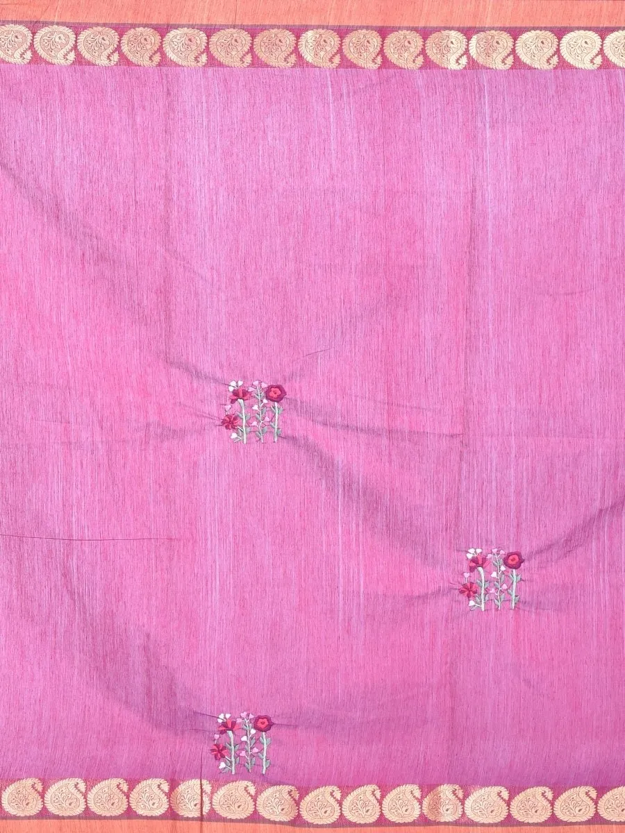 Purple South Cotton Saree with Floral Design Hand Embroidery and Kolki Zari Border