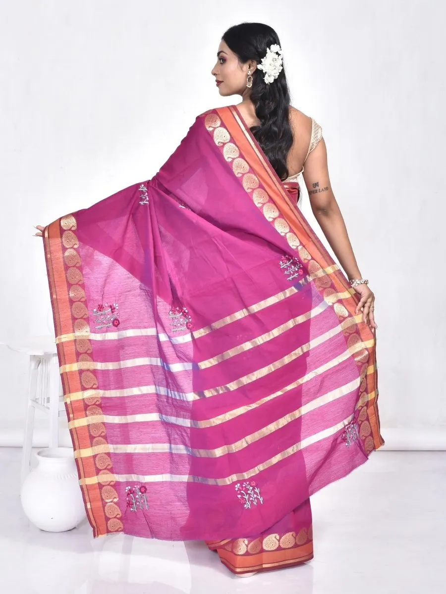Purple South Cotton Saree with Floral Design Hand Embroidery and Kolki Zari Border