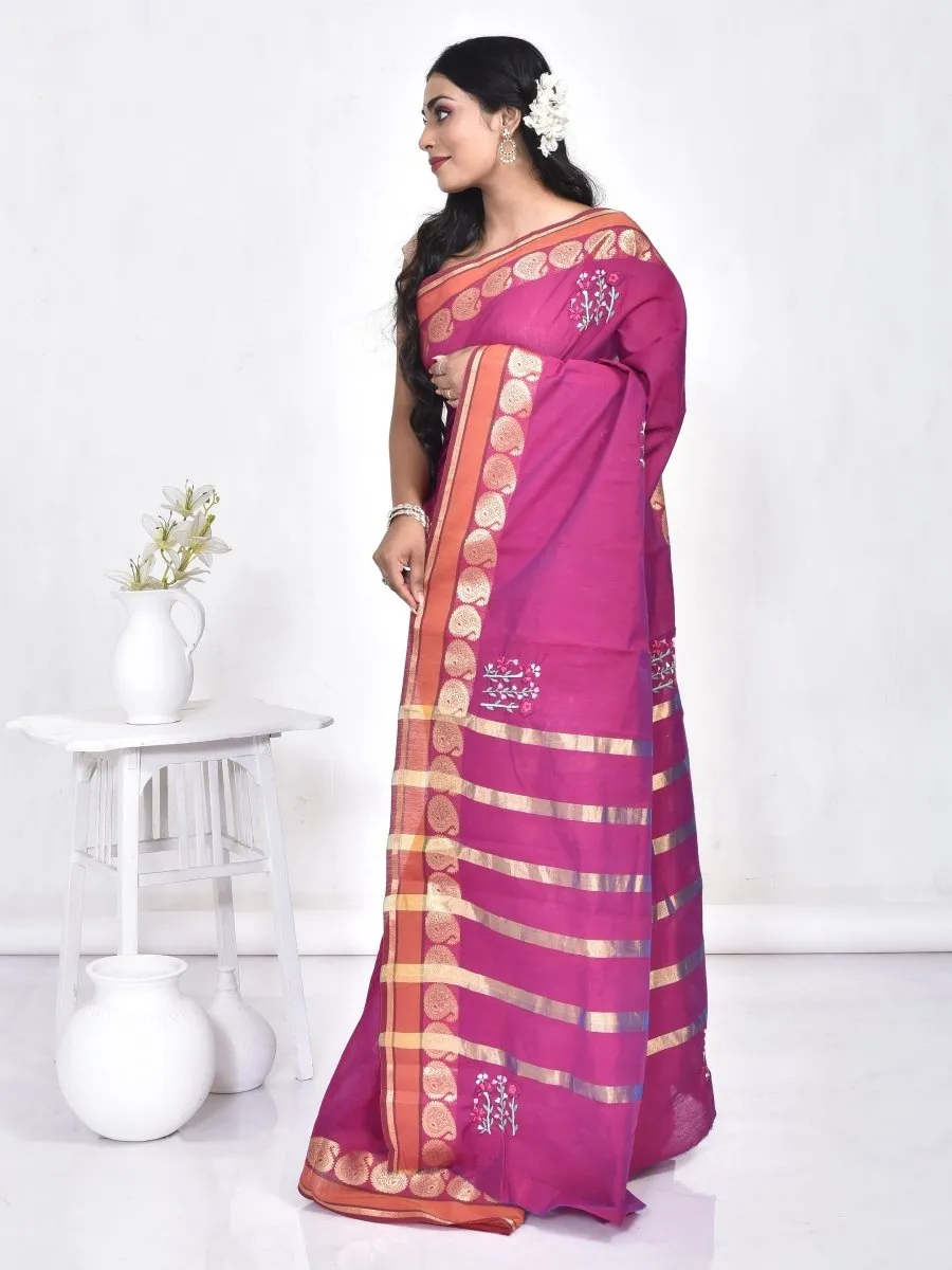 Purple South Cotton Saree with Floral Design Hand Embroidery and Kolki Zari Border