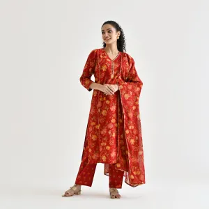 Red Floral Printed Cotton Kurta Pant Dupatta Set with Sequin Embroidered Neckline