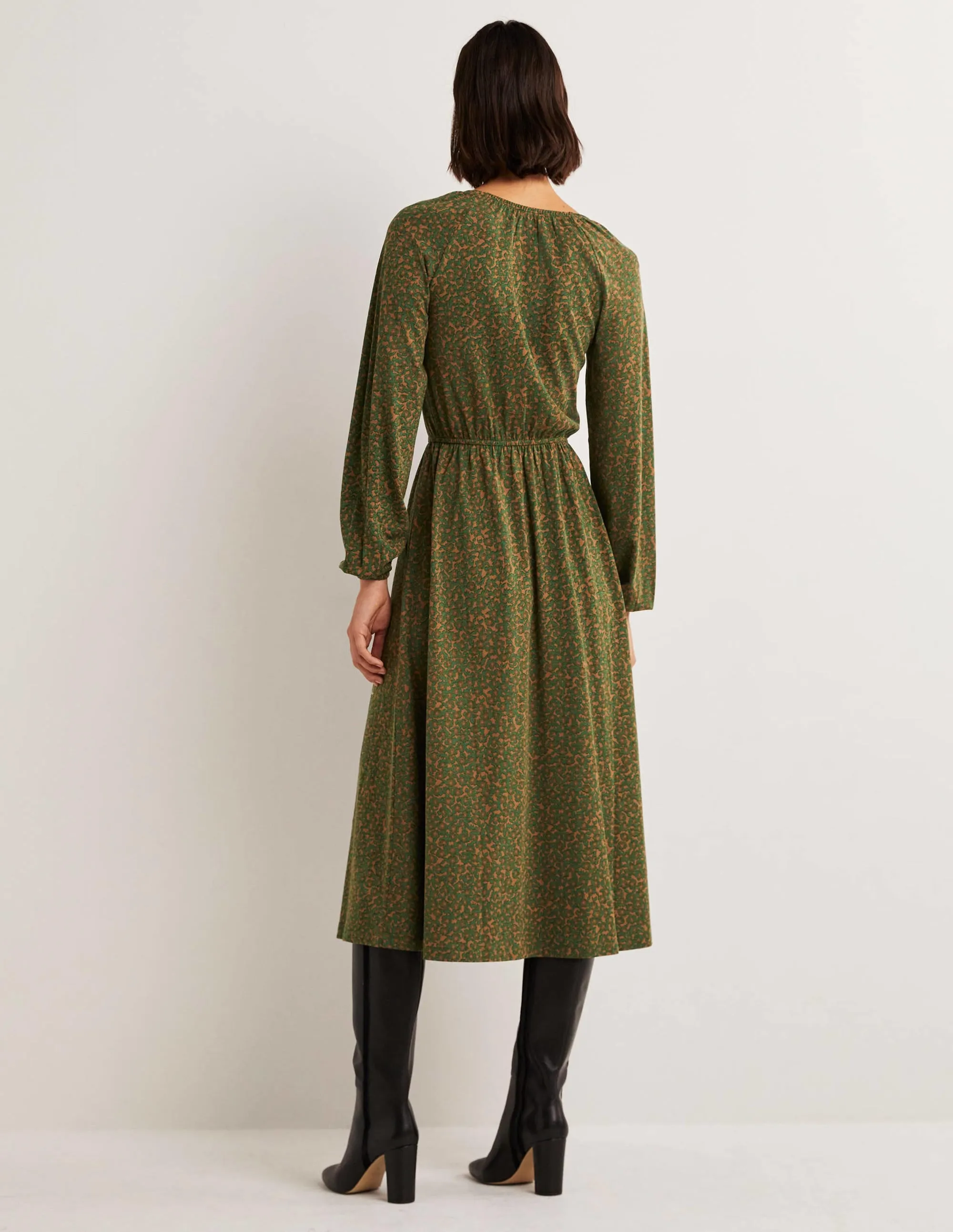 Scoop Neck Jersey Midi Dress-Hunter Green, Bloom Cluster
