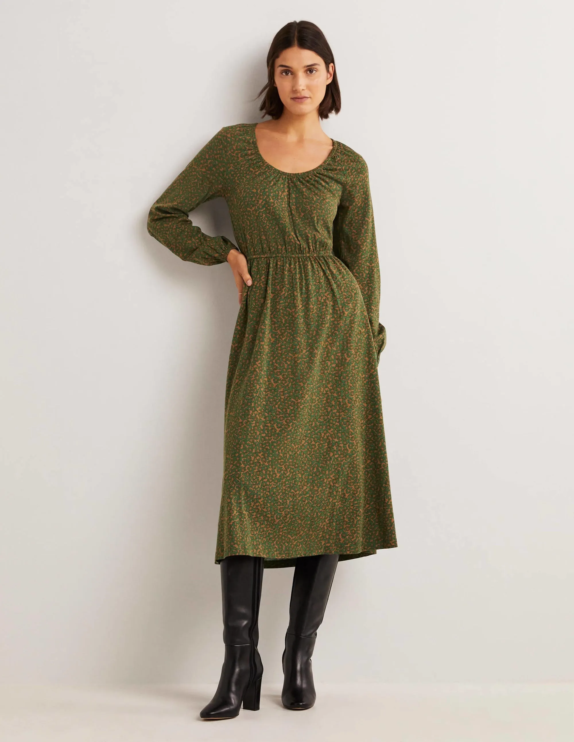 Scoop Neck Jersey Midi Dress-Hunter Green, Bloom Cluster